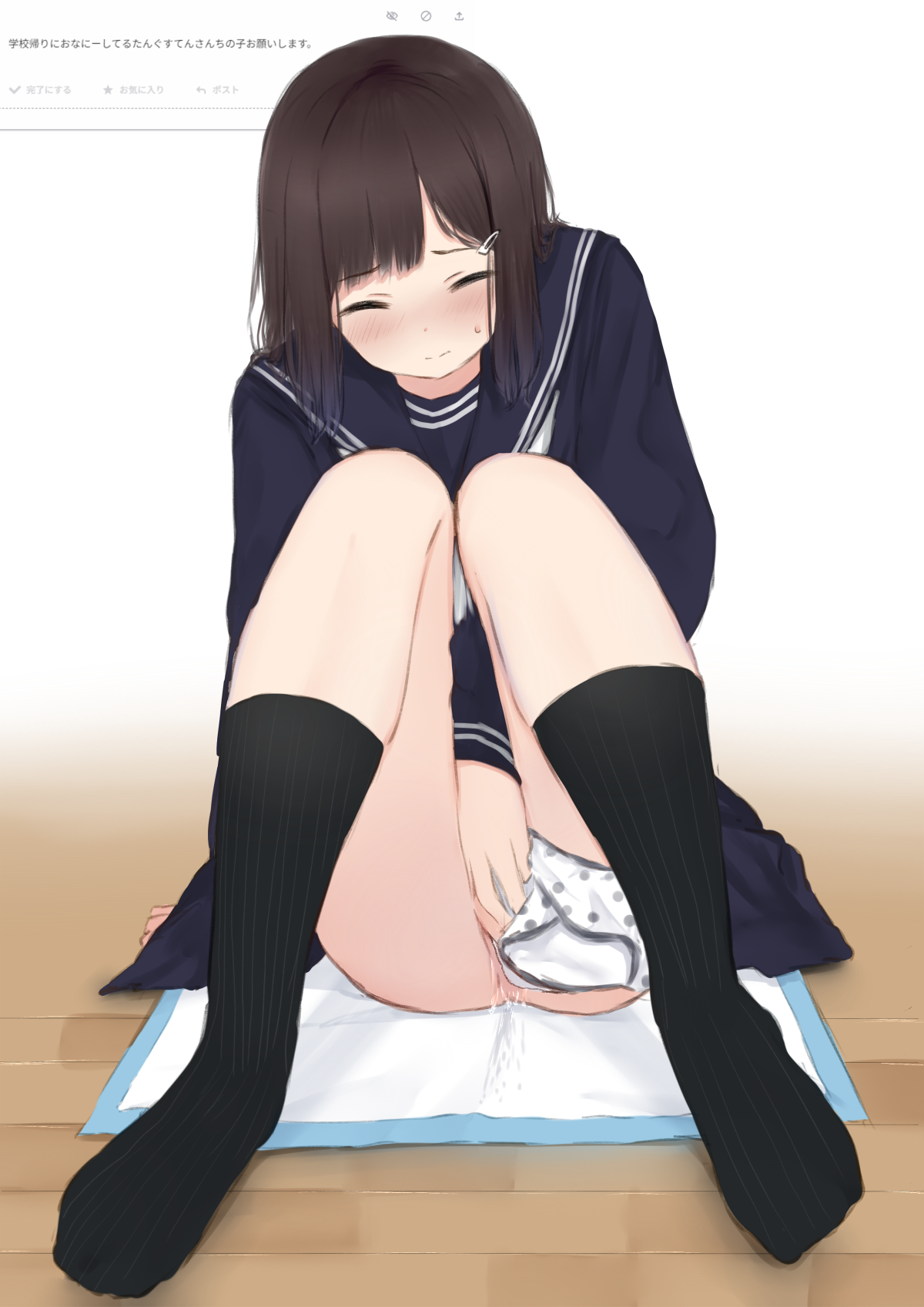kanekan, original, commentary request, highres, 1girl, black socks, blue sailor collar, blue shirt, brown hair, closed mouth, female masturbation, full body, hair ornament, hairclip, kneehighs, knees up, long sleeves, masturbation, medium hair, no shoes, on floor, panties, panties around leg, pee pad, polka dot, polka dot panties, pussy juice, ribbed socks, sailor collar, shirt, sitting, socks, solo, split mouth, towel, underwear, white panties, wooden floor