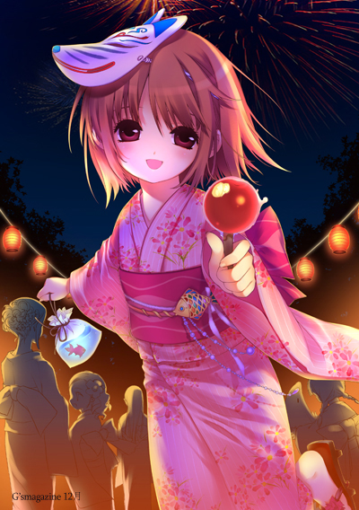 shirahane nao, dmyotic, bad id, bad pixiv id, 1girl, aerial fireworks, bag, candy apple, festival, fireworks, fish, food, fox mask, goldfish, japanese clothes, kimono, mask, mask on head, night, obi, pink kimono, sash, solo focus, yukata