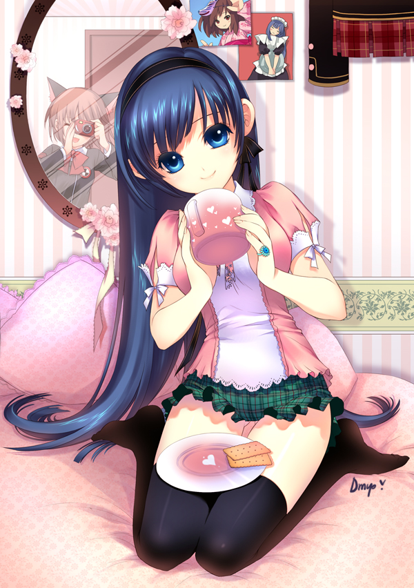shirahane nao, dmyotic, bad id, bad pixiv id, animal ears, bed, bedroom, blue eyes, blue hair, camera, cat ears, cracker, cup, food, hairband, heart, jewelry, kneeling, long hair, mirror, mug, pillow, plaid clothes, plaid skirt, reflection, ring, skirt, solo, thighhighs, zettai ryouiki