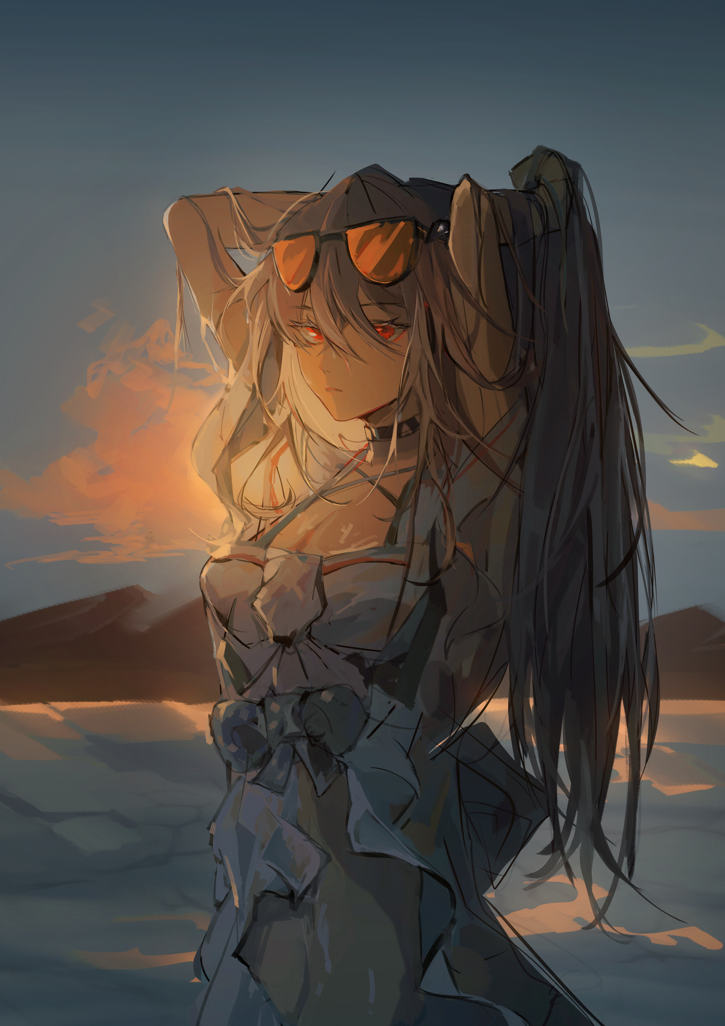 jinfeng0430, skadi (arknights), skadi (waverider) (arknights), arknights, absurdres, highres, 1girl, arms up, black choker, breasts, choker, cleavage, cloud, dusk, evening, eyewear on head, gradient sky, grey hair, hair between eyes, hair ornament, long hair, looking at viewer, messy hair, mountain, mountainous horizon, navel, no headwear, off-shoulder shirt, off shoulder, official alternate costume, orange-tinted eyewear, orange sky, outdoors, red eyes, scenery, shirt, sky, solo, standing, sun, sunglasses, sunset, swimsuit, tinted eyewear, upper body, very long hair, water, waves, whale hair ornament, white shirt