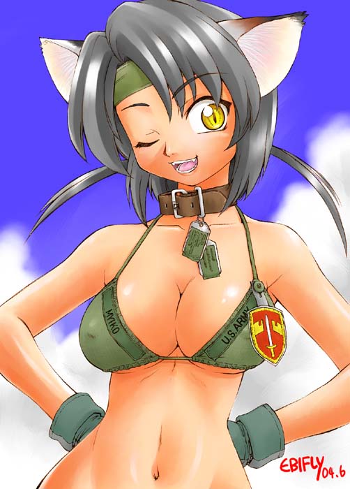 ebifly, 1girl, ;d, animal ears, arms behind back, belt collar, bikini, breasts, cat ears, cleavage, collar, covered erect nipples, dated, day, dog tags, fangs, female focus, gloves, green bikini, grey hair, large breasts, looking at viewer, one eye closed, open mouth, signature, smile, solo, swimsuit, united states, wink, yellow eyes