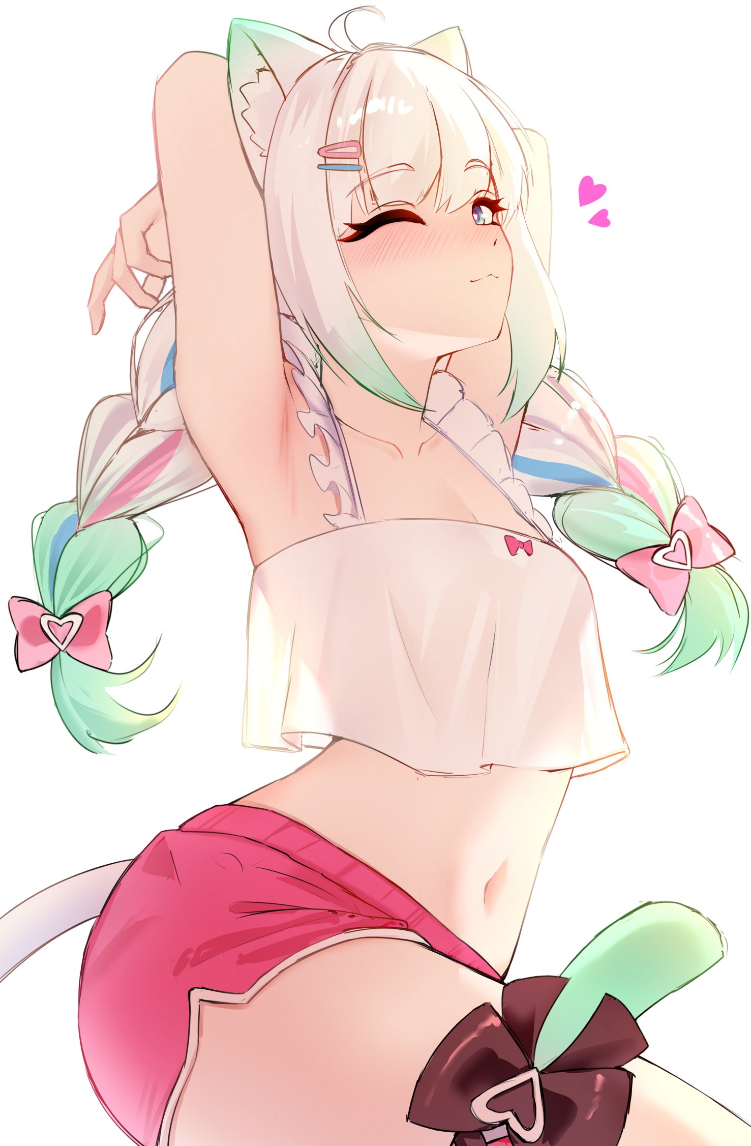 cgator, mint fantome, mint fantome (otaku), indie virtual youtuber, highres, 1girl, :3, ahoge, animal ear fluff, animal ears, armpits, arms behind head, arms up, black bow, blue eyes, bow, braid, camisole, cat ears, cat girl, collarbone, dolphin shorts, frilled camisole, frills, from side, gradient hair, green hair, hair bow, hair ornament, hairclip, heart, long hair, looking at viewer, low twin braids, multicolored hair, navel, one eye closed, pink bow, pink shorts, see-through silhouette, shorts, solo, tail, tail bow, tail ornament, twin braids, virtual youtuber, white background, white camisole, white hair