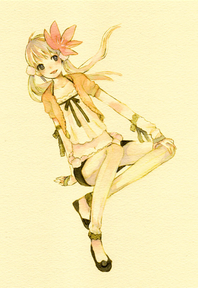 kuko, original, bad id, bad pixiv id, painting (medium), traditional media, watercolor (medium), chemise, flower, long hair, ribbon, sandals, solo, twintails