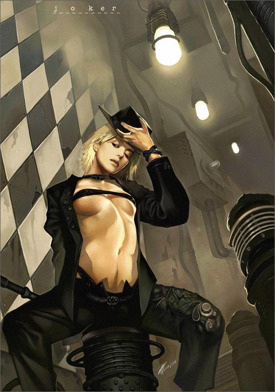 juno jeong, corrupted metadata, non-web source, 1girl, blonde hair, breasts, cleavage, female focus, hat, midriff, no bra, one eye closed, open clothes, open shirt, pants, sexually suggestive, shirt, short hair, solo, underboob, wink