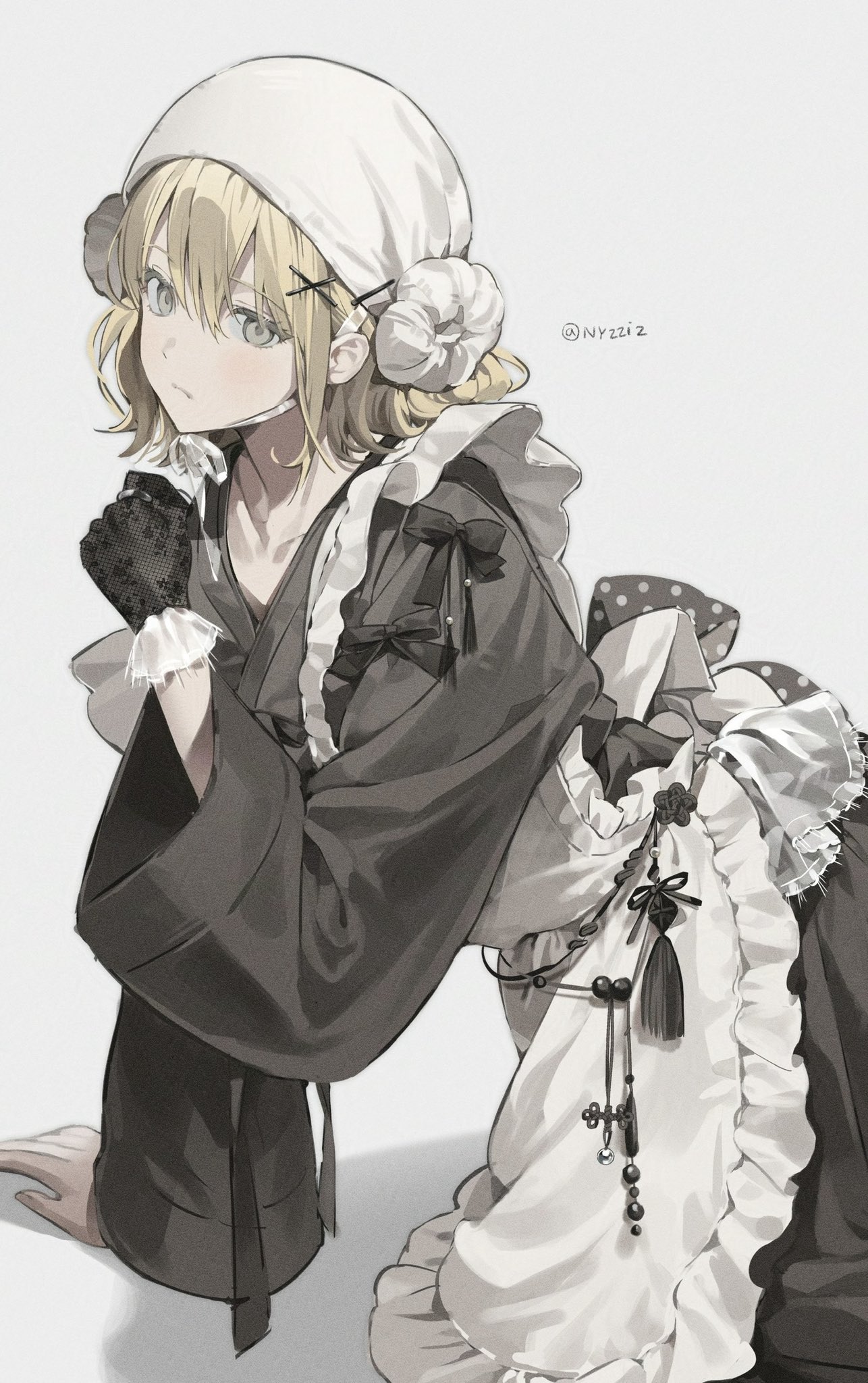 nyzziz, original, highres, 1girl, apron, artist name, black gloves, black robe, blonde hair, collarbone, gloves, grey background, grey eyes, headscarf, long sleeves, maid, maid apron, medium hair, robe, simple background, solo, twitter username, white apron, white headscarf, wide sleeves