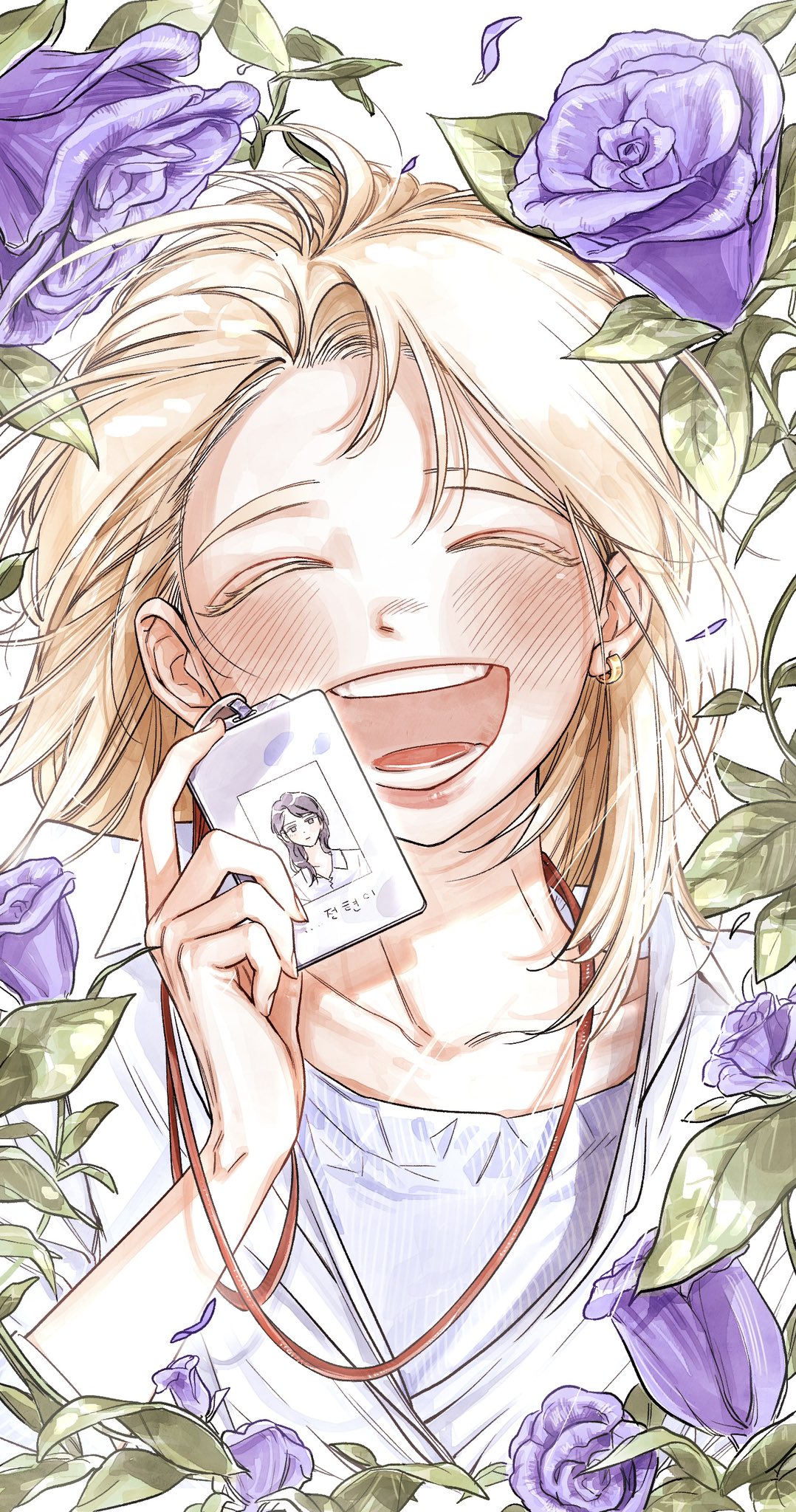 pobae hoho, original, commentary request, highres, korean commentary, 1girl, ^ ^, blonde hair, blush, closed eyes, collarbone, colored eyelashes, earclip, facing viewer, flower, forehead, hand up, happy, holding, holding id card, id card, long hair, open mouth, purple flower, red lips, shirt, smile, solo, straight-on, upper body, white shirt