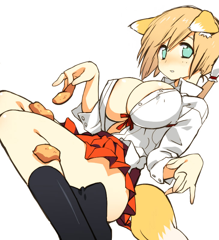 ishikawa mami, north carolina ameko, original, bad id, bad pixiv id, 1girl, aburaage, animal ears, black socks, blush, breasts, brown hair, dutch angle, female focus, food, fox, fox ears, fox tail, from below, green eyes, huge breasts, large breasts, looking at viewer, open clothes, open shirt, shirt, short hair, simple background, sitting, skirt, sleeves pushed up, socks, solo, sushi, tail, tofu, white background