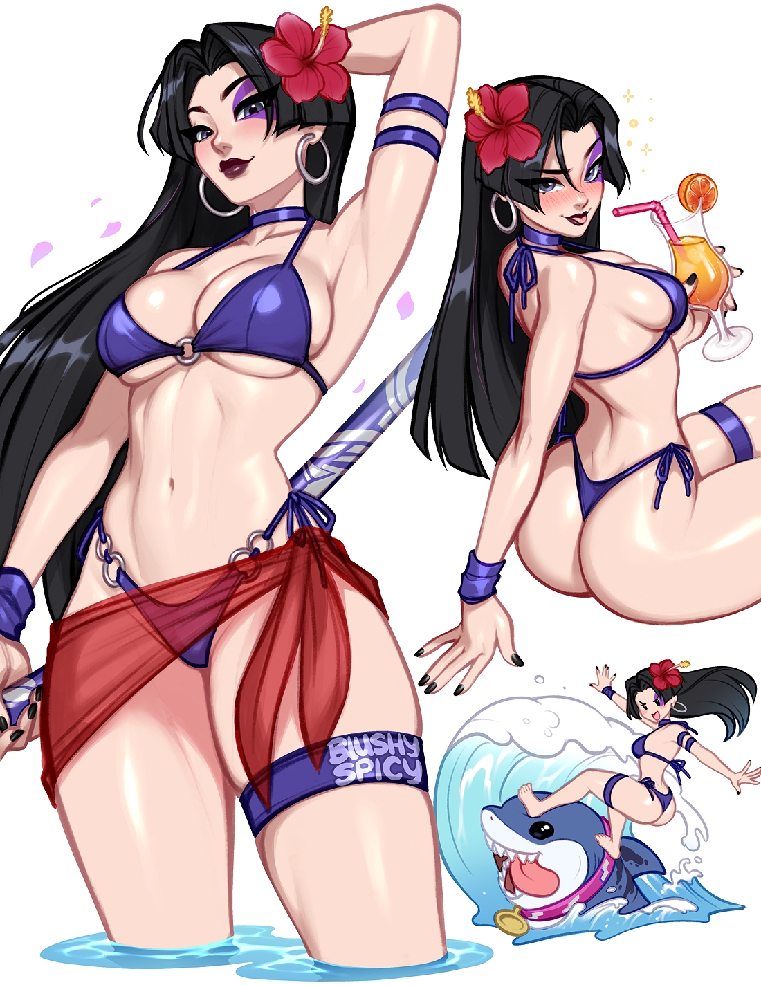 blushyspicy, jeff (marvel), psylocke, psylocke (vengeance), marvel, marvel rivals, x-men, commentary, english commentary, highres, 1girl, :p, arm behind head, arm strap, arm support, arm up, armpits, artist name, ass, bikini, black hair, black nails, blue bikini, blue choker, blue eyes, blush, breasts, choker, closed mouth, cup, drinking straw, earrings, facepaint, falling petals, flower, food, fruit, hair flower, hair ornament, hibiscus, highleg, highleg bikini, holding, holding cup, hoop earrings, jewelry, large breasts, light smile, lipstick, long hair, looking at viewer, makeup, multiple views, nail polish, navel, o-ring, o-ring bikini, o-ring bottom, o-ring top, orange (fruit), orange slice, petals, purple eyes, red flower, red lips, red sarong, sarong, shark, sheath, shiny skin, side-tie bikini bottom, simple background, sitting, skindentation, surfing, swimsuit, thigh strap, thong bikini, tongue, tongue out, tropical drink, very long fingernails, very long hair, wading, water, waves, white background