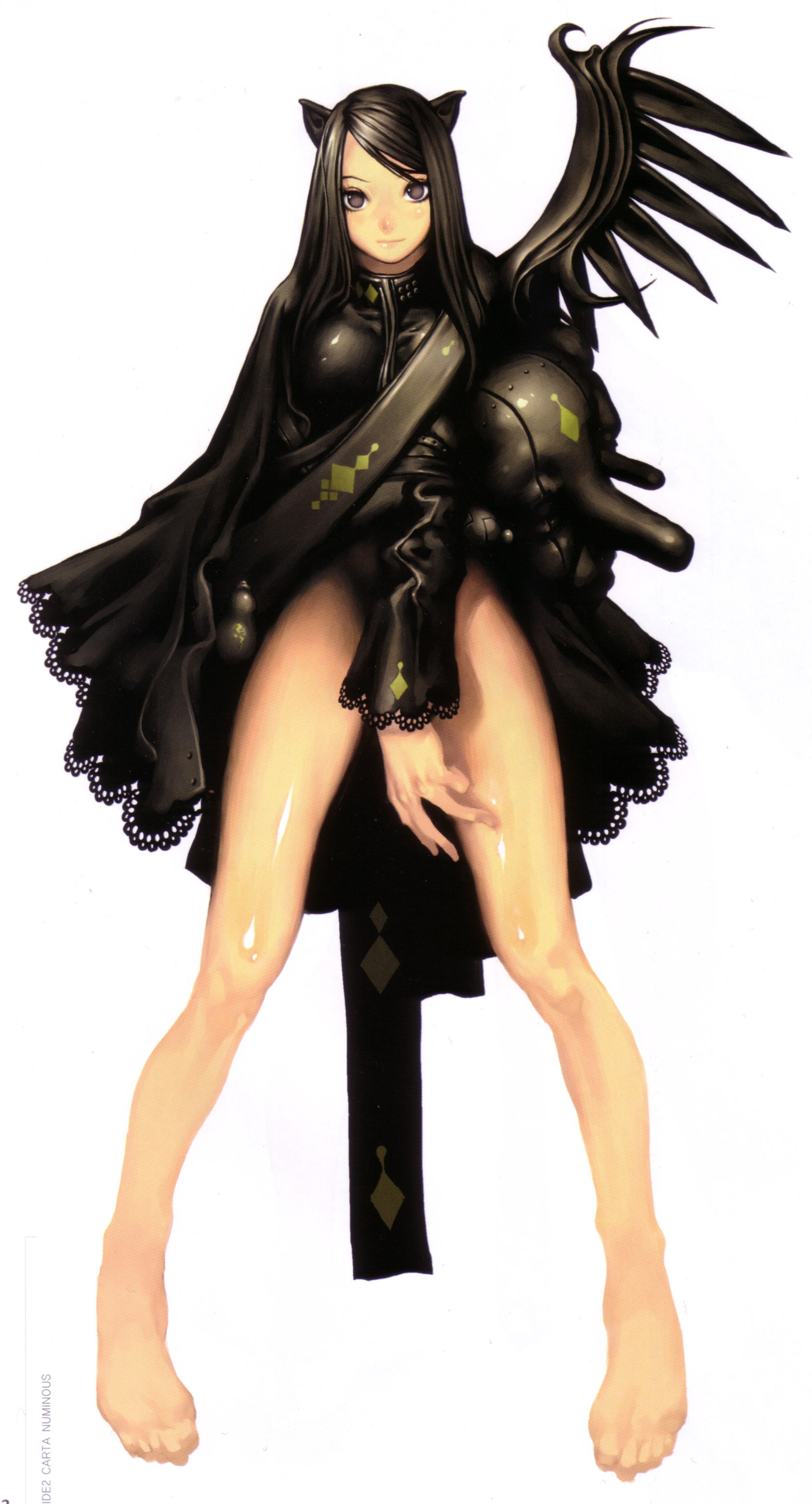 kim hyung tae, oxide 2, absurdres, highres, scan, animal ears, barefoot, black hair, cape, cat ears, feet, no panties, wings