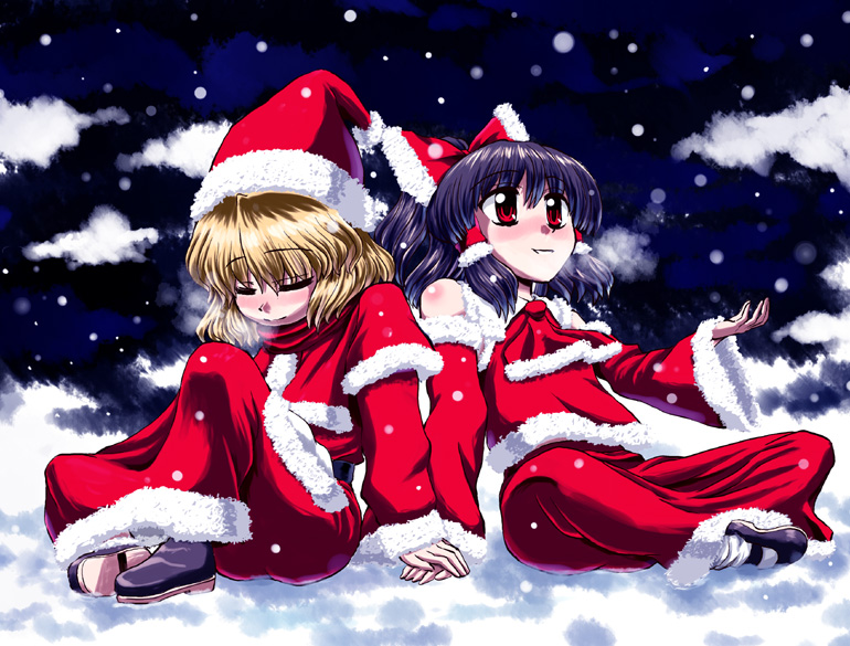 miyamoto ryuuchii, miyamoto ryuuichi, hakurei reimu, kirisame marisa, perfect cherry blossom, touhou, 2girls, blonde hair, breath, christmas, female focus, holding hands, multiple girls, santa costume, snow, snowing, yuri