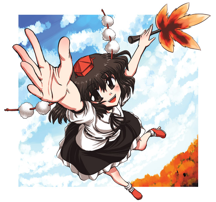 miyamoto ryuuchii, miyamoto ryuuichi, shameimaru aya, touhou, 1girl, blush, female focus, foreshortening, geta, hat, looking at viewer, open mouth, solo, tengu-geta
