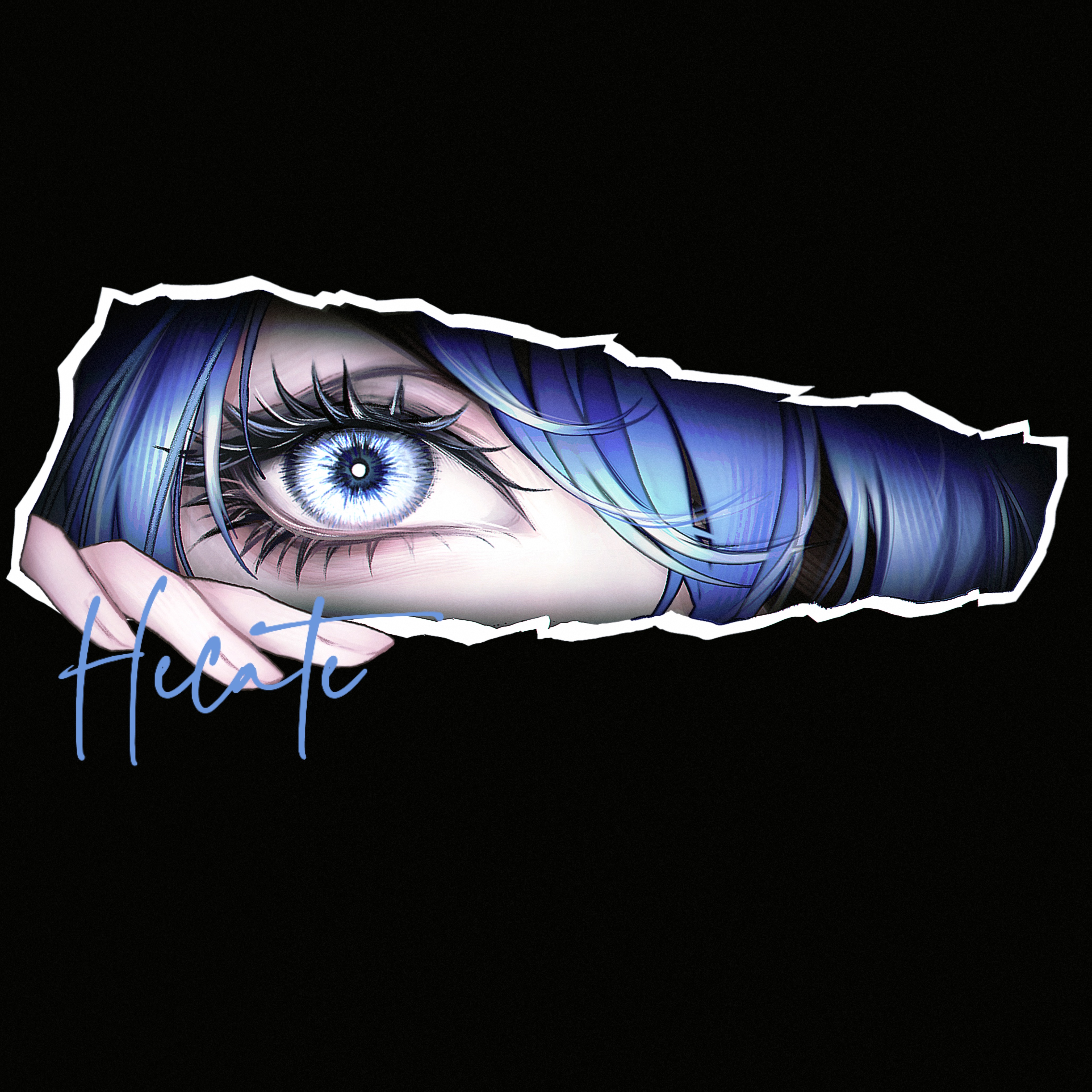 yu zhezhe, hecate (path to nowhere), path to nowhere, absurdres, chinese commentary, commentary, highres, 1girl, aegyo sal, black background, blindfold, blue eyes, blue hair, character name, colored eyelashes, eye focus, eyelashes, hair over one eye, looking at viewer, one eye covered, simple background, solo