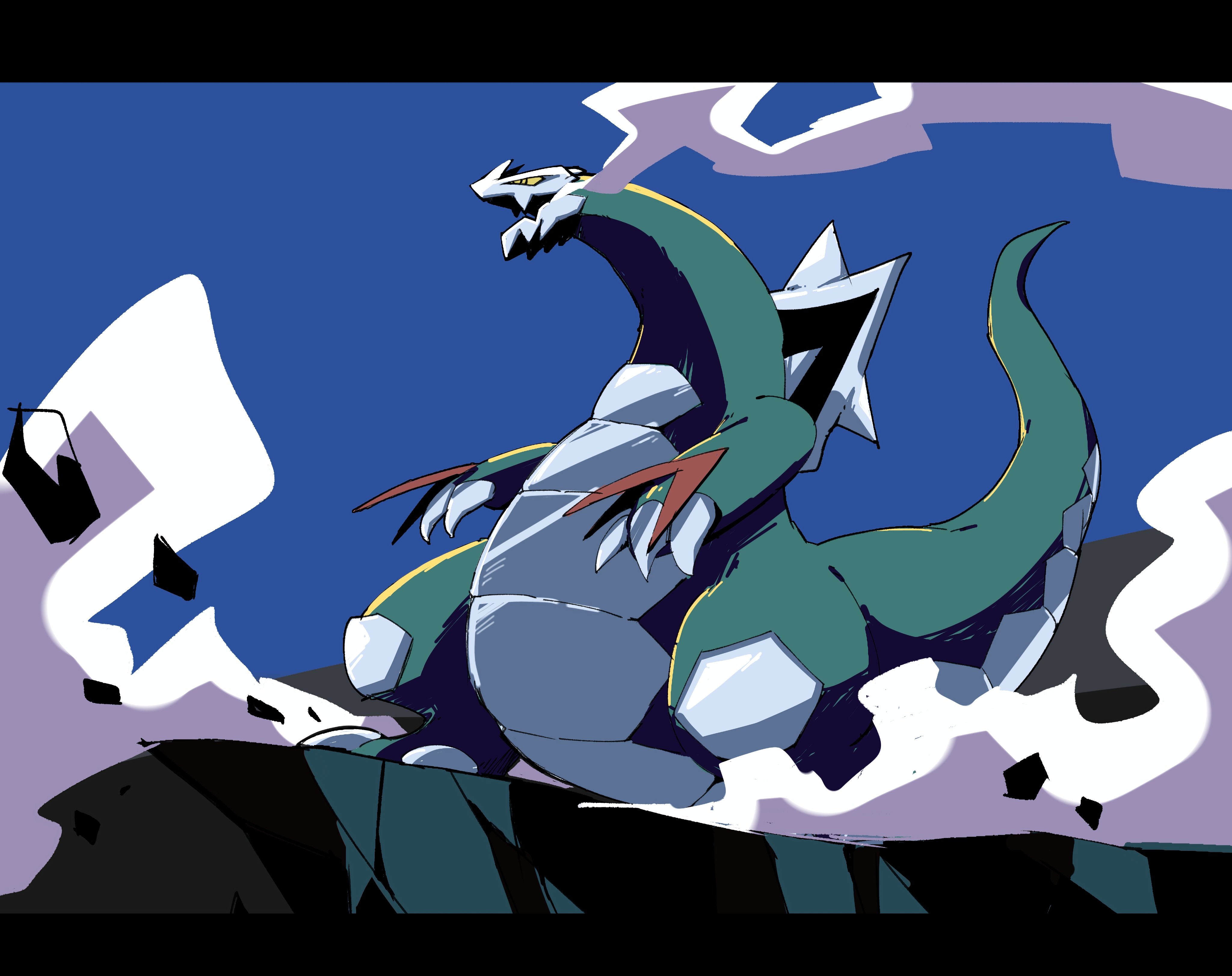 venom eno, baxcalibur, nintendo, pokemon, pokemon sv, absurdres, commentary request, highres, alternate color, blue background, claws, cliff, dust cloud, full body, letterboxed, no humans, open mouth, pokemon (creature), ringed eyes, shiny pokemon, tail, yellow eyes