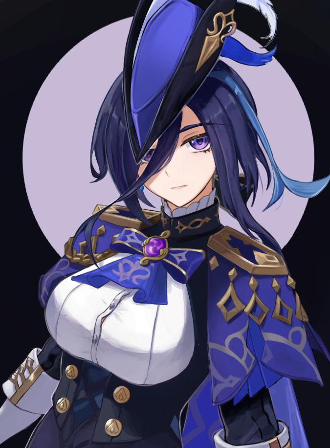 suhoi (berg), clorinde (genshin impact), genshin impact, commentary, 1girl, ascot, black background, blue ascot, blue cape, blue hair, breasts, cape, corset, feathers, hat, large breasts, long hair, looking at viewer, multicolored hair, purple eyes, purple hair, shirt, solo, tricorne, two-tone hair, upper body, white shirt