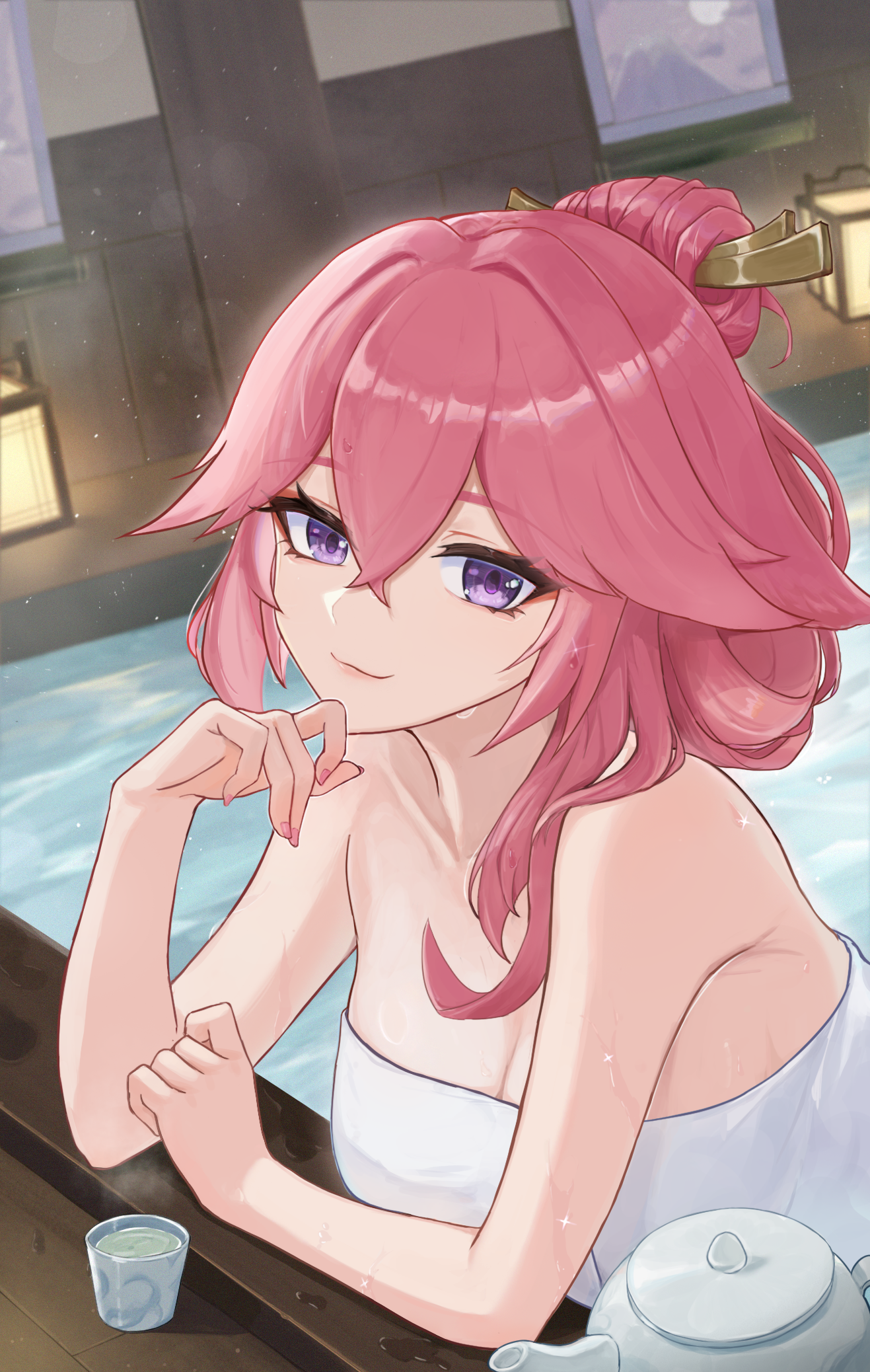 suhoi (berg), yae miko, genshin impact, commentary request, highres, partial commentary, 1girl, bare shoulders, breasts, cleavage, cup, indoors, large breasts, looking at viewer, medium hair, naked towel, pink hair, purple eyes, smile, solo, teapot, towel, upper body, water