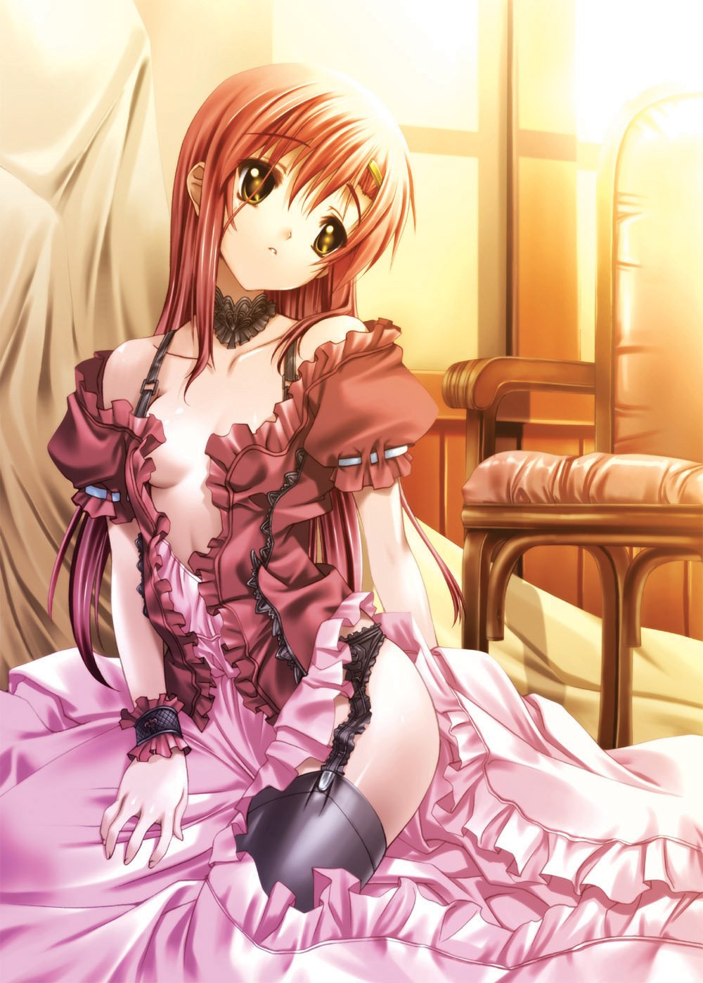senomoto hisashi, katsura hinagiku, hayate no gotoku!, highres, 00s, 1girl, black garter belt, breasts, choker, dress, female focus, frills, garter belt, garter straps, goth fashion, gothic lolita, head tilt, lingerie, lolita fashion, long hair, no bra, panties, red hair, small breasts, solo, suspenders, thighhighs, underwear, undressing, wrist cuffs, yellow eyes