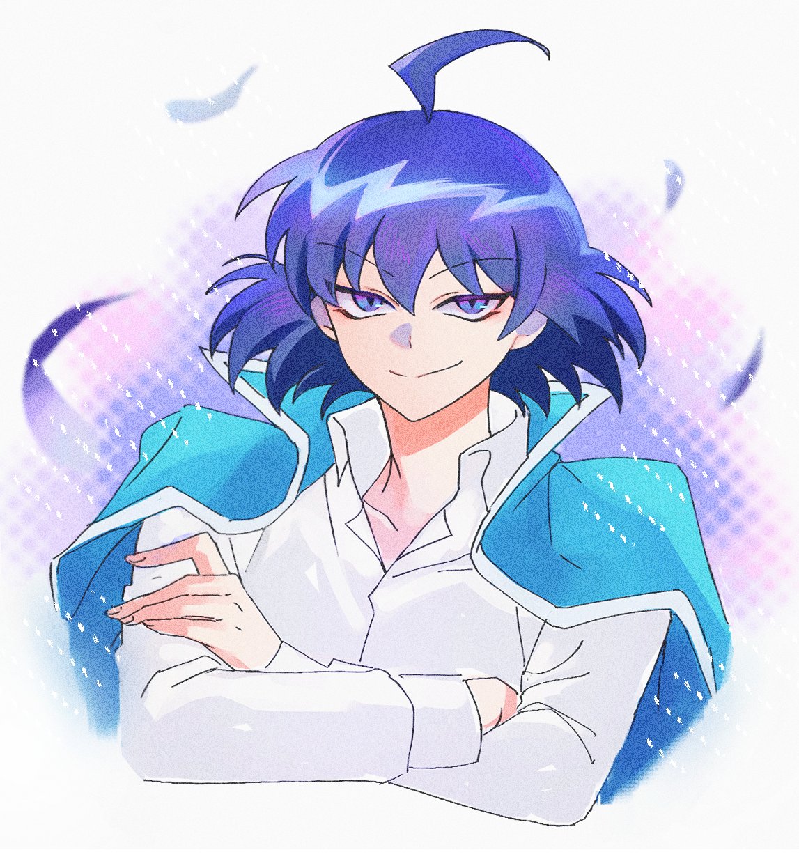 puha l, suzuki iruma, mairimashita! iruma-kun, highres, 1boy, ahoge, blue eyes, blue jacket, jacket, jacket on shoulders, male focus, shirt, simple background, slit pupils, smug, solo, upper body, white shirt