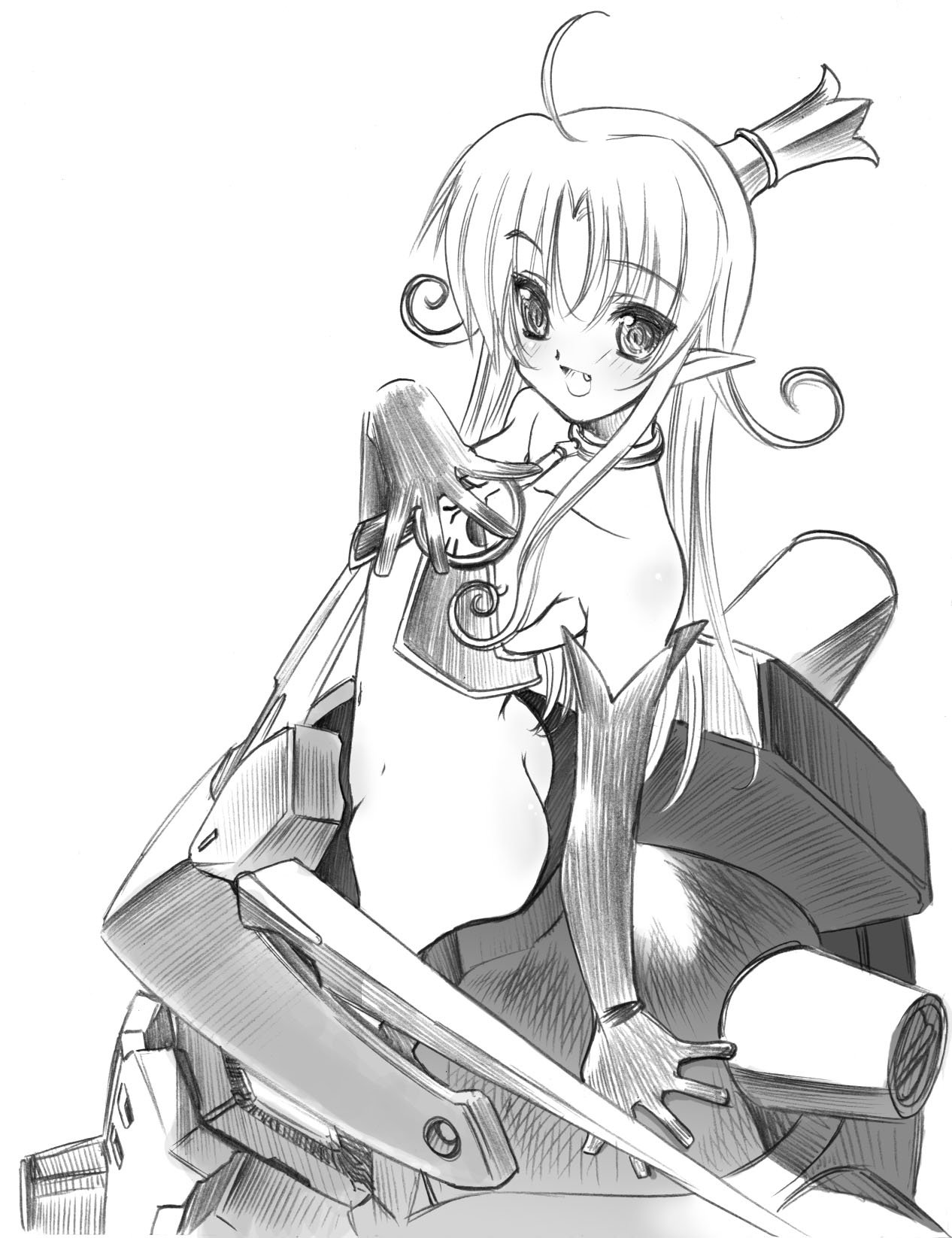 senomoto hisashi, devil gundam, melissa seraphy, gundam, waga mama capriccio, highres, 1girl, ahoge, ass, crossover, demon girl, elbow gloves, female focus, flat chest, gloves, greyscale, long hair, mecha, mecha musume, monochrome, nipple slip, nipples, no panties, pointy ears, robot, solo