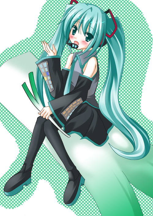 silamizu (white water), hatsune miku, vocaloid, 1girl, aqua hair, female focus, long hair, solo, spring onion, thighhighs, twintails, very long hair