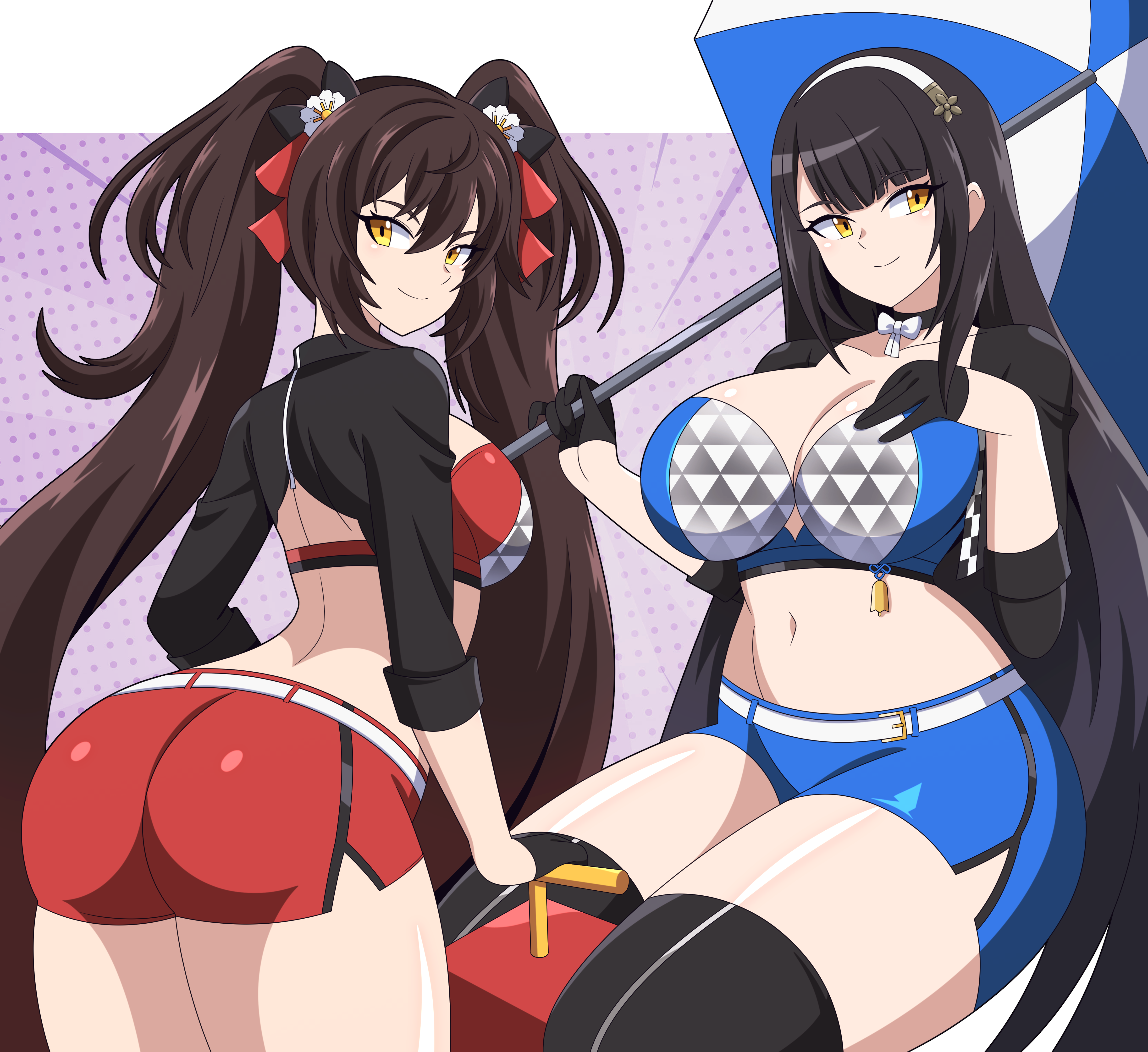 abysswatchers, daiyan (girls' frontline 2), jiangyu (girls' frontline 2), type 95 (girls' frontline), type 97 (girls' frontline), girls' frontline, girls' frontline 2: exilium, 1girl, ass, belt, black bow, black gloves, black hair, black jacket, black shrug, black thighhighs, blue shirt, blue shorts, blush, bow, breasts, brown hair, choker, cleavage, collarbone, detonator, from behind, gloves, hair bow, hair ribbon, hairband, hand on own chest, holding, holding umbrella, jacket, large breasts, long hair, looking at viewer, looking back, midriff, navel, open clothes, open jacket, polka dot, polka dot background, purple background, race queen, red ribbon, red shirt, red shorts, ribbon, shirt, short sleeves, shorts, shrug (clothing), sitting, smile, standing, strapless, thighhighs, tube top, twintails, umbrella, white belt, white bow, yellow eyes