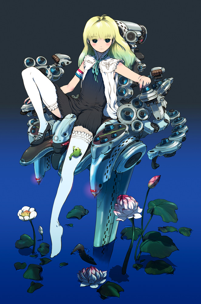 nagasawa shin, original, lace-trimmed legwear, toe-point, 1girl, armband, black shoes, blonde hair, blush, feet, female focus, flower, frog, high heels, lace, lace trim, long hair, looking at viewer, lotus, mecha, robot, shoes, single shoe, sitting, solo, thighhighs, water, white thighhighs, zettai ryouiki