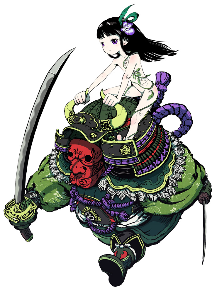 nagasawa shin, bad id, bad pixiv id, copyright request, 1girl, armor, barefoot, black hair, flat chest, flower, helmet, japanese armor, kabuto (helmet), katana, loli, long hair, nipples, nude, purple eyes, samurai, shikoro, simple background, sword, weapon, white background