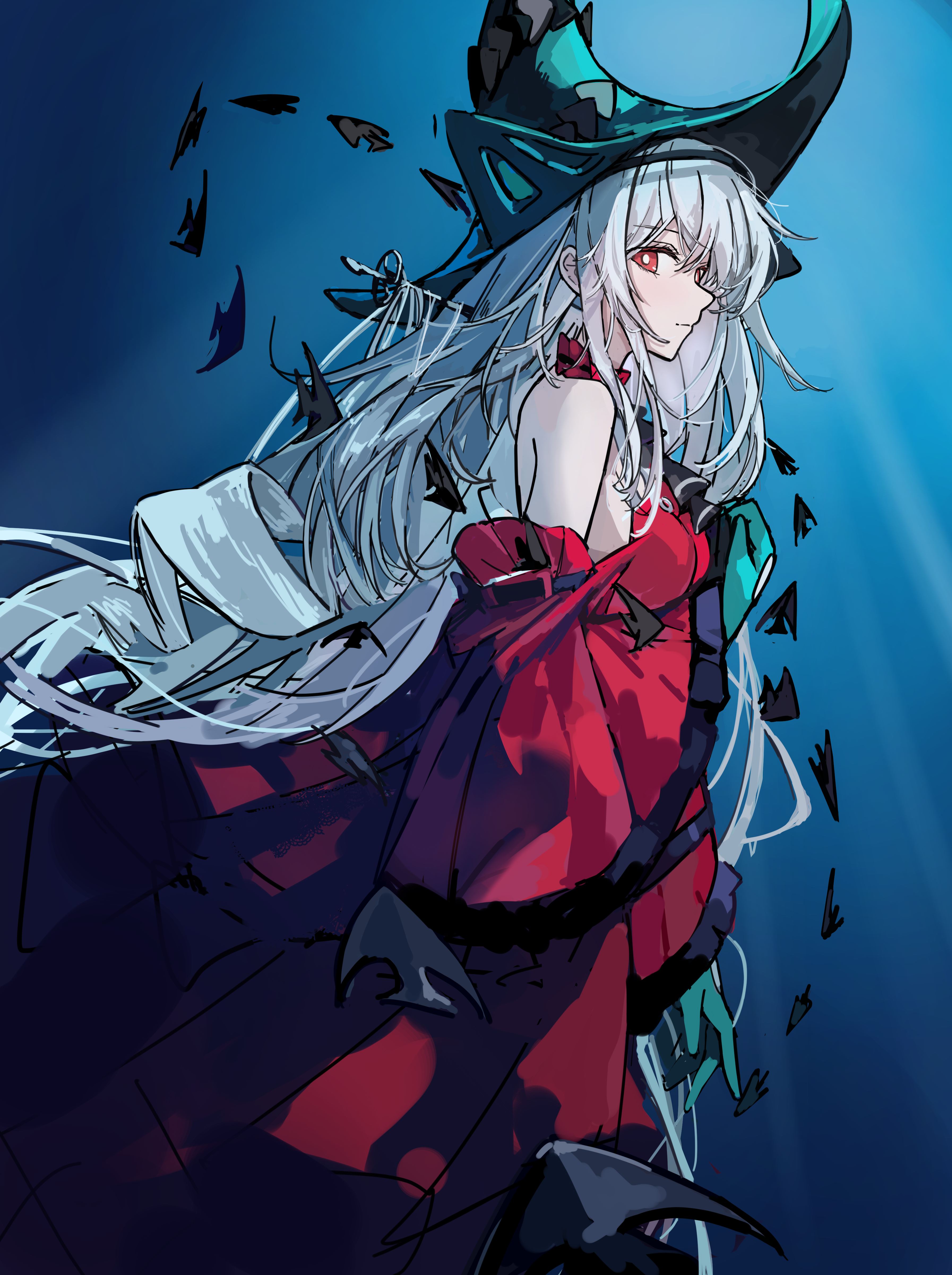 lemoz, skadi (arknights), skadi the corrupting heart (arknights), arknights, absurdres, highres, 1girl, angelfish, aqua gloves, aqua hat, ascot, bare shoulders, black ascot, breasts, closed mouth, cowboy shot, detached sleeves, dress, fish, floating hair, gloves, hair between eyes, hair ornament, halterneck, hat, light rays, long hair, long sleeves, looking at viewer, looking to the side, medium breasts, off-shoulder dress, off shoulder, official alternate costume, profile, red dress, red eyes, red sleeves, ribbon, shadow, solo, tropical fish, underwater, very long hair, white hair