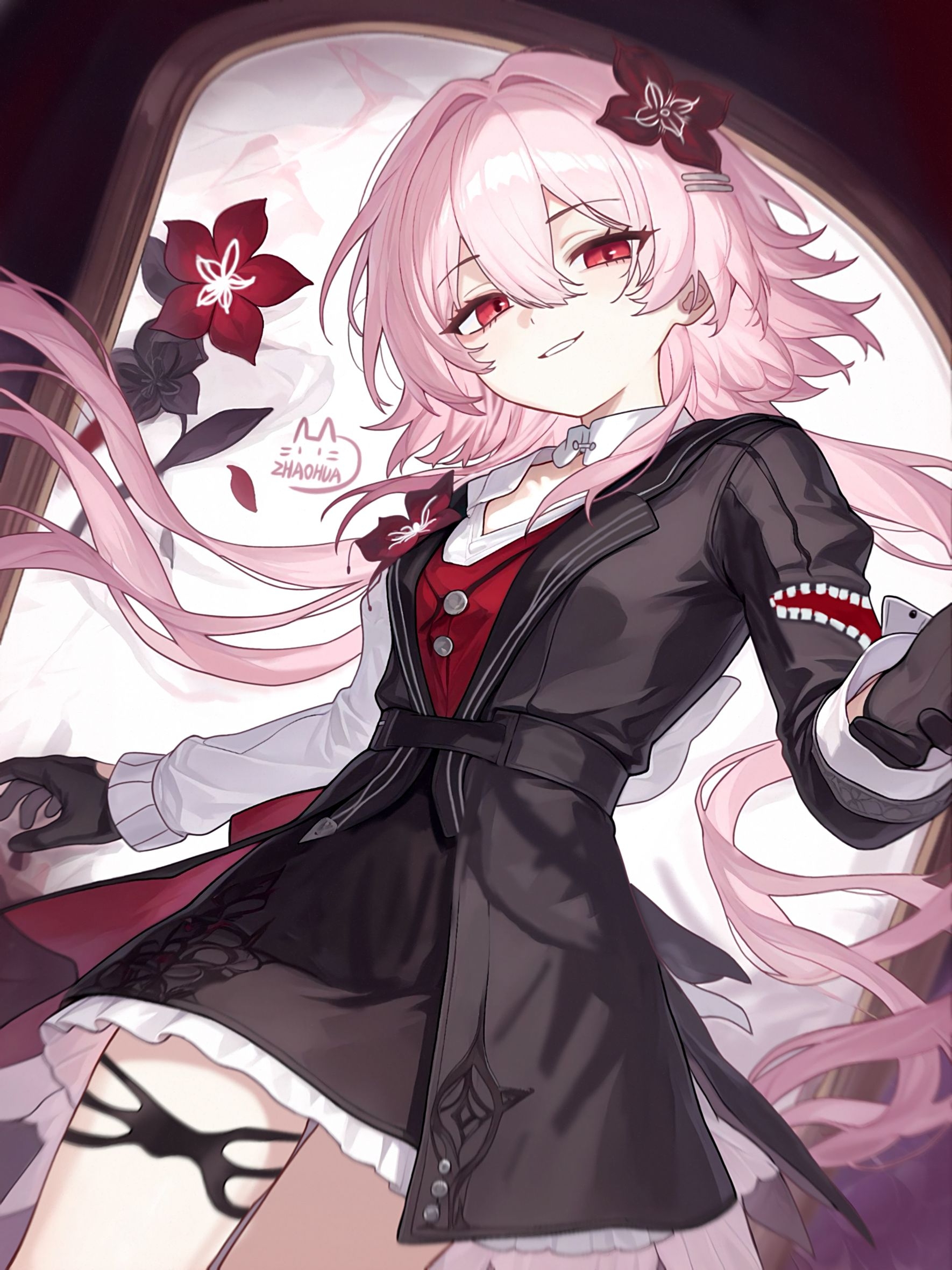 zhaohua, evernight (honkai: star rail), march 7th (honkai: star rail), honkai: star rail, honkai (series), highres, 1girl, black dress, black gloves, dress, flower, gloves, hair between eyes, hair flower, hair ornament, hairclip, holding, long hair, long sleeves, looking at viewer, official alternate costume, pink hair, red eyes, smile, solo