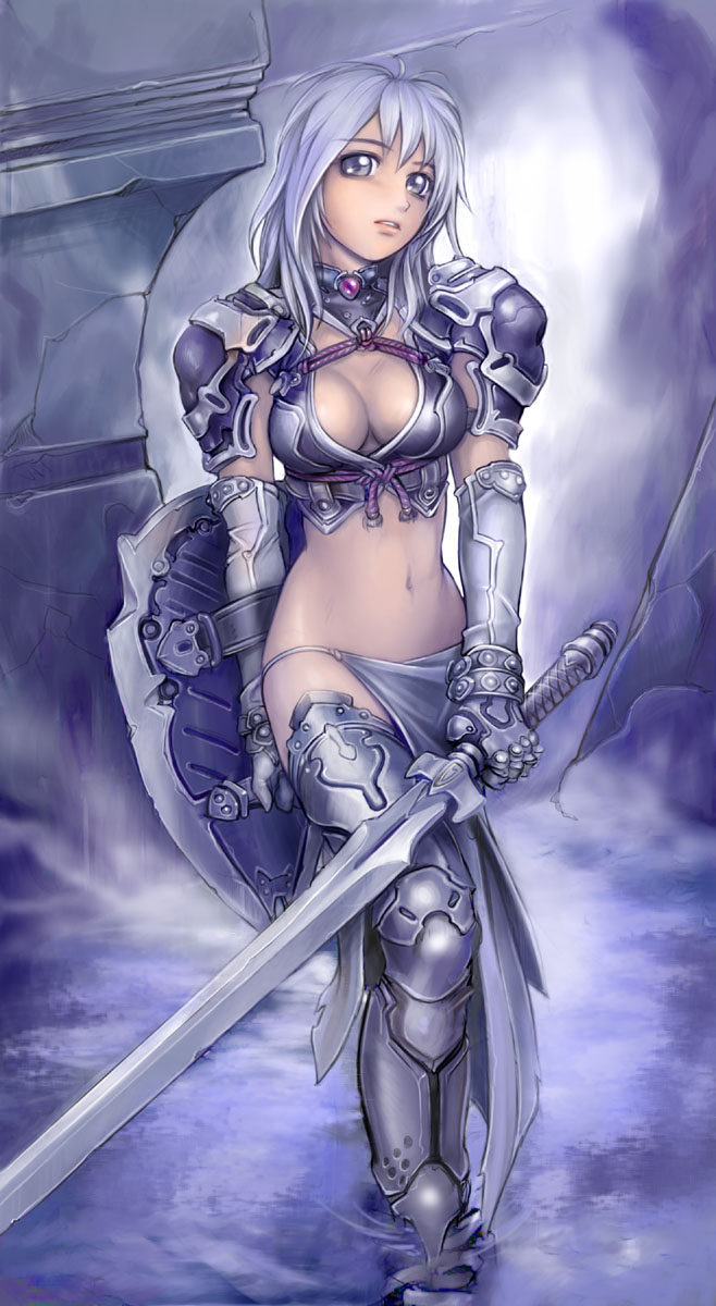 kuratch, original, highres, 1girl, armor, blue eyes, boots, breasts, center opening, cleavage, cleavage cutout, clothing cutout, elbow gloves, female focus, gauntlets, gloves, grey eyes, loincloth, midriff, pauldrons, shield, shoulder armor, solo, sword, thigh boots, thighhighs, water, weapon, white hair