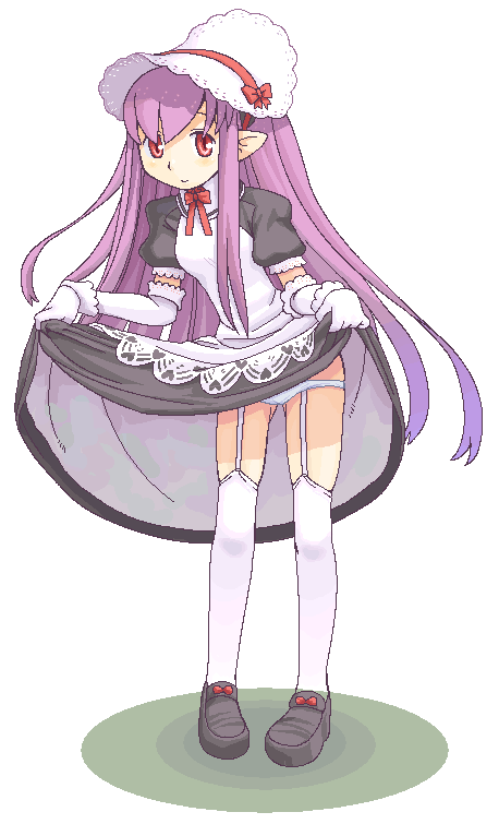 minami juujisei, pomnit, summon night, summon night 4, bonnet, clothes lift, dress, dress lift, elbow gloves, footwear bow, garter straps, gloves, grey shoes, long hair, lowleg, lowleg panties, maid, oekaki, panties, pointy ears, purple hair, red eyes, ribbon, shoes, simple background, skirt, skirt lift, solo, suspenders, thighhighs, underwear, white background, white panties, white thighhighs
