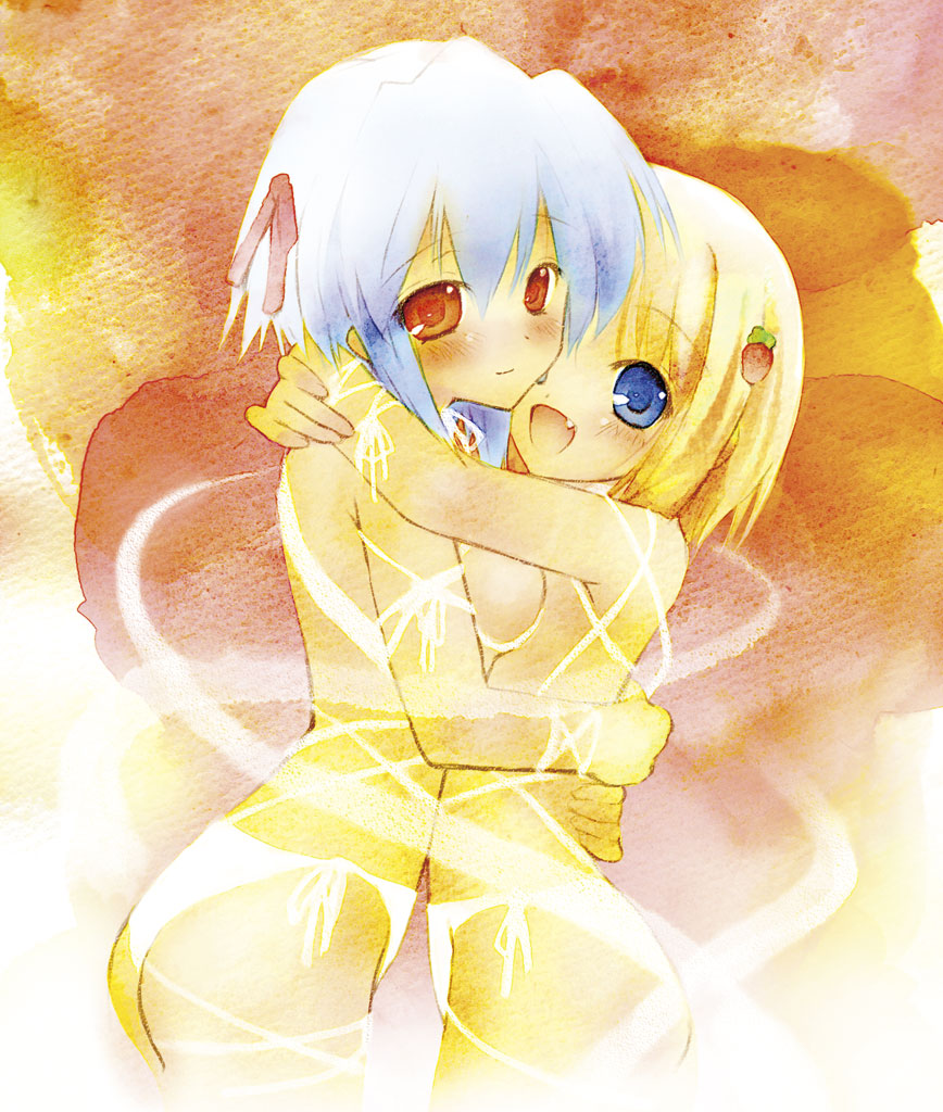 saeki touma, kotonomiya yuki, yamato suzuran, suigetsu, 2girls, :d, arms around waist, ass, asymmetrical docking, back, blonde hair, blue eyes, blush, breast press, breasts, fang, flat chest, hair ornament, hair ribbon, hug, multiple girls, naked ribbon, open mouth, panties, red eyes, ribbon, short hair, side-tie panties, sideboob, small breasts, smile, standing, topless female, underwear, underwear only, white hair, white panties, yuri