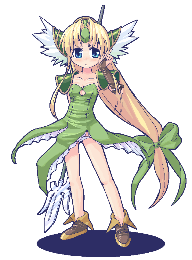 minami juujisei, riesz, seiken densetsu, seiken densetsu 3, 1girl, blonde hair, blue eyes, blush, boots, clothes lift, female focus, long hair, low-tied long hair, lowleg, lowleg panties, oekaki, panties, polearm, ribbon, skirt, skirt lift, solo, spear, underwear, weapon