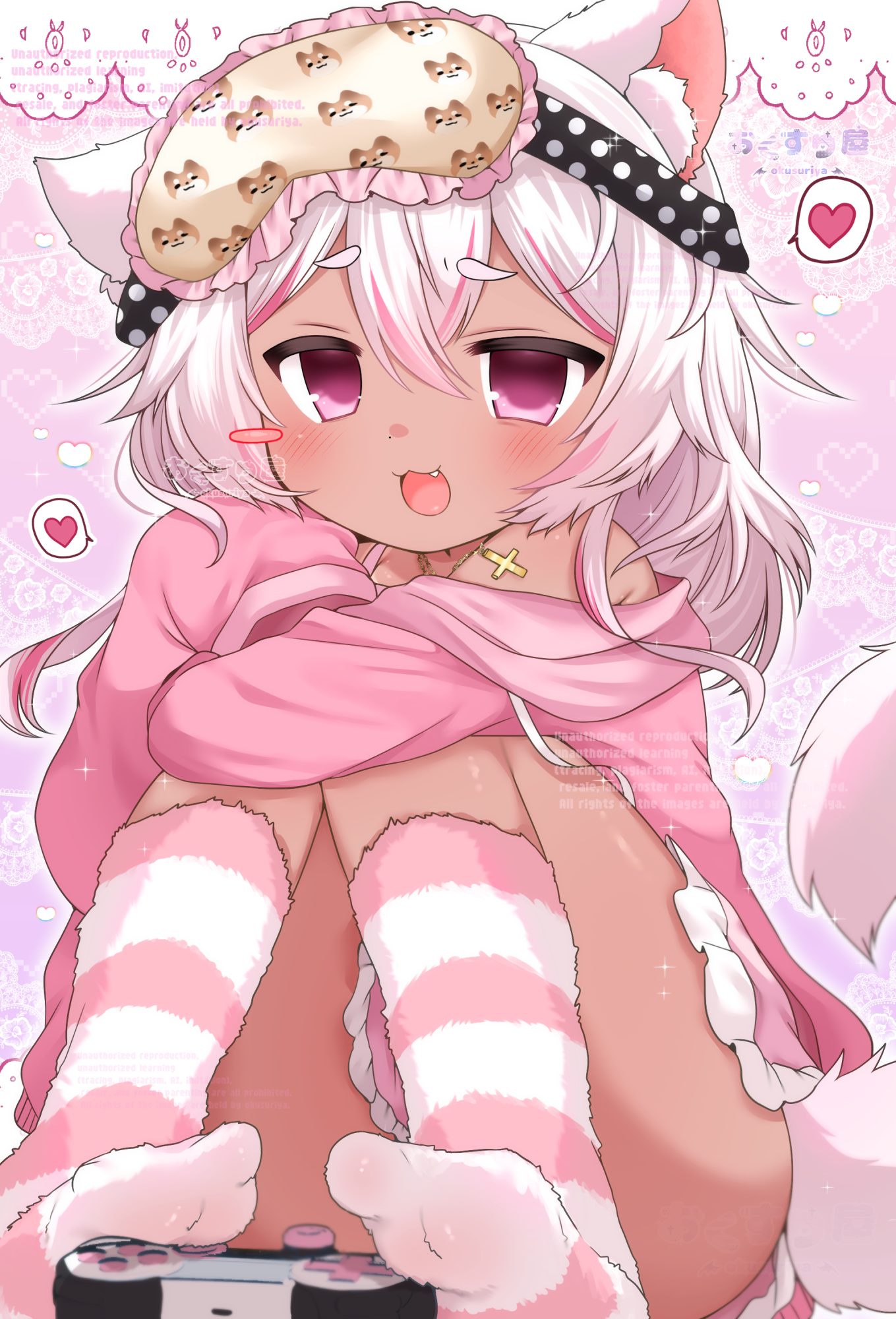pokopokotarou1, original, highres, 1girl, animal ears, dark skin, dog ears, dog girl, dog tail, fang, heart, pink hair, sleep mask, socks, striped clothes, striped socks, tail