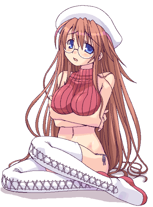 minami juujisei, aty, aty (summon night), summon night, summon night 3, breast hold, striped, 1girl, beret, blue eyes, blush, boots, breasts, brown hair, crop top, crossed arms, female focus, glasses, hat, large breasts, long hair, midriff, oekaki, panties, side-tie panties, sitting, solo, thigh boots, thighhighs, turtleneck, underwear, very long hair, white boots, white thighhighs
