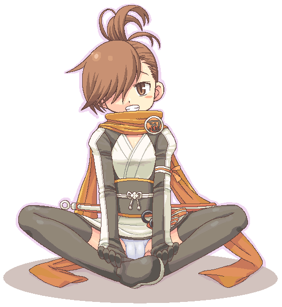 minami juujisei, akane (summon night), summon night, summon night 4, 1girl, black thighhighs, blush, brown eyes, brown hair, cameltoe, female focus, grin, hair over one eye, ninja, oekaki, panties, pantyshot, scarf, sheath, simple background, sitting, smile, solo, sword, thighhighs, underwear, weapon, white panties