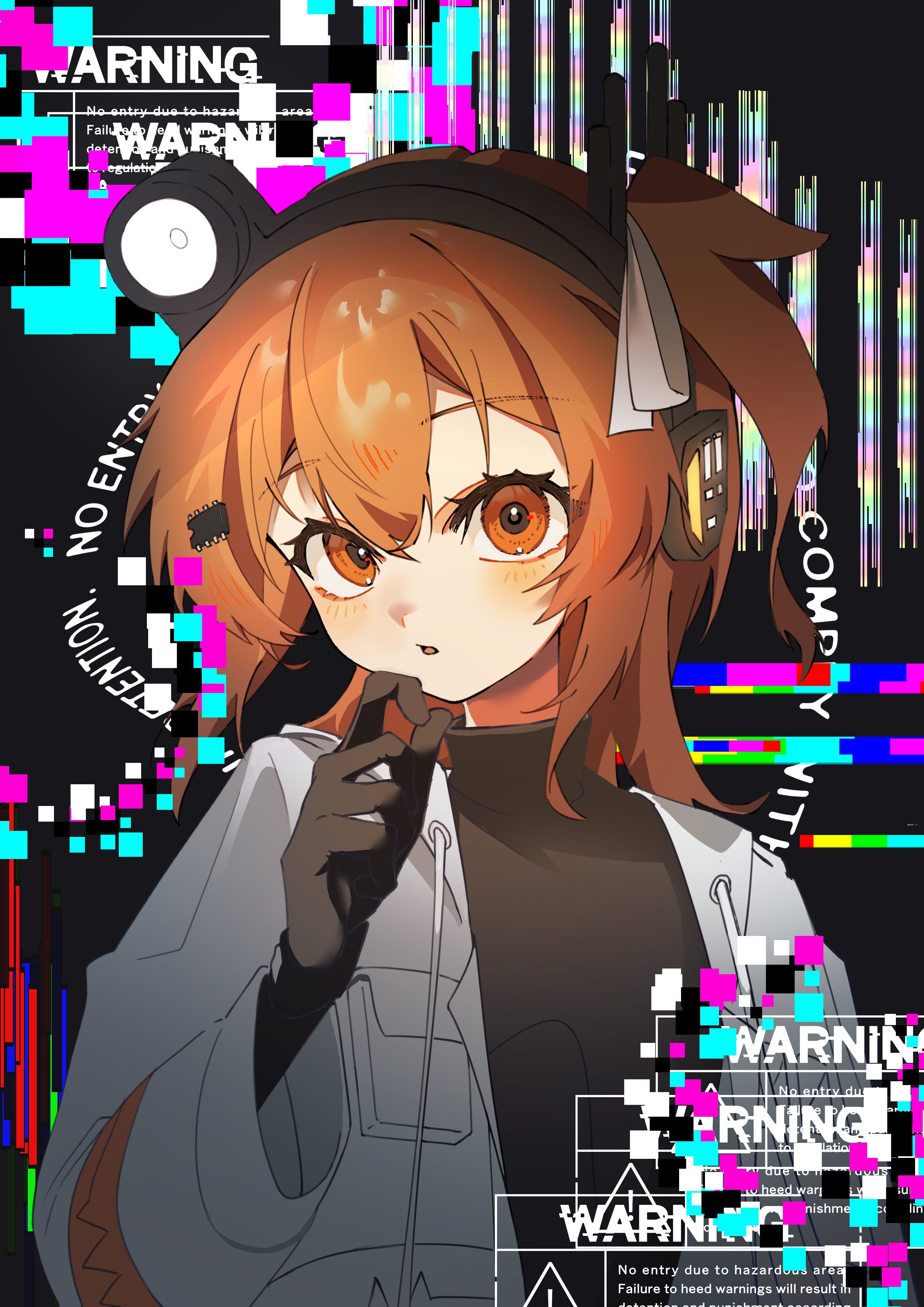 senri (hrydy o), adachi rei, a.i. voice, utau, absurdres, highres, 1girl, black gloves, black shirt, gloves, hand up, headlamp, jacket, long sleeves, looking at viewer, medium hair, open clothes, open jacket, orange eyes, orange hair, shirt, sign, solo, upper body, warning sign, white jacket