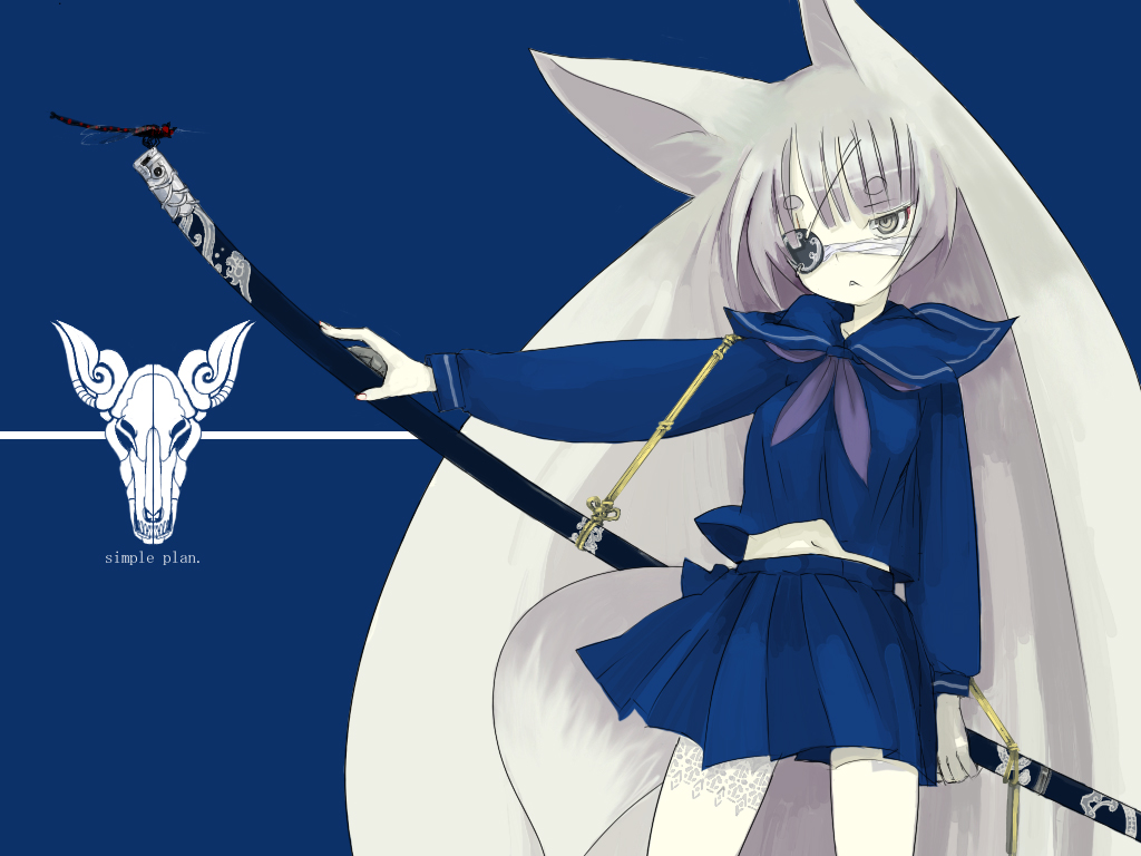 argonauts gemini, enchi, original, 1girl, :<, animal ears, bug, dragonfly, eyepatch, female focus, fox, fox ears, fox tail, green eyes, grey eyes, grey hair, insect, katana, long hair, school uniform, serafuku, skirt, solo, sword, tail, thighhighs, triangle mouth, very long hair, weapon