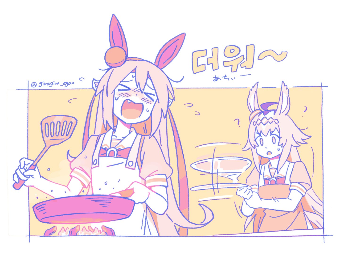 oguri cap (umamusume), tamamo cross (umamusume), umamusume, umamusume: cinderella gray, 2girls, ahoge, animal ears, apron, blush, closed eyes, cooking, ear covers, ear ornament, fang, fanning, fire, frying pan, giragira egao, grey hair, hair between eyes, hair ornament, hairband, hand fan, headband, holding, holding fan, holding frying pan, holding spatula, horse ears, horse girl, horse tail, long hair, multicolored hair, multiple girls, open mouth, puffy short sleeves, puffy sleeves, sailor collar, school uniform, shirt, short sleeves, spatula, stove, sweat, sweatdrop, tail, tracen school uniform, upper body, very long hair, white apron
