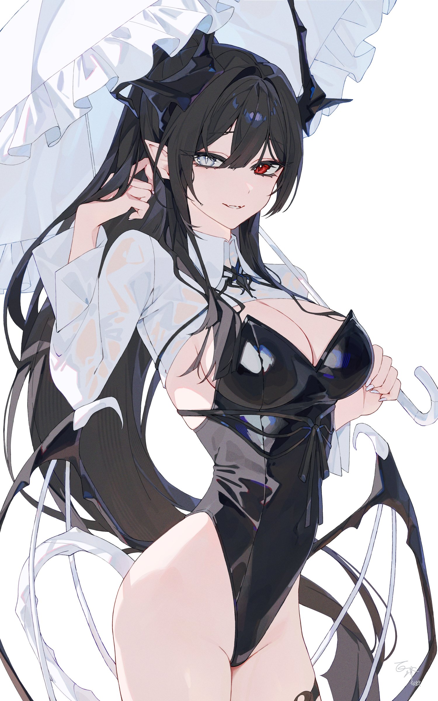 9750isz, original, absurdres, highres, 1girl, black hair, black horns, black leotard, breasts, cleavage, collared shrug, grey eyes, heterochromia, highleg, highleg leotard, holding, holding umbrella, horns, large breasts, leotard, long hair, long sleeves, low wings, pointy ears, red eyes, shrug (clothing), simple background, slit pupils, solo, tail, umbrella, very long hair, white background, white shrug, white umbrella, wings