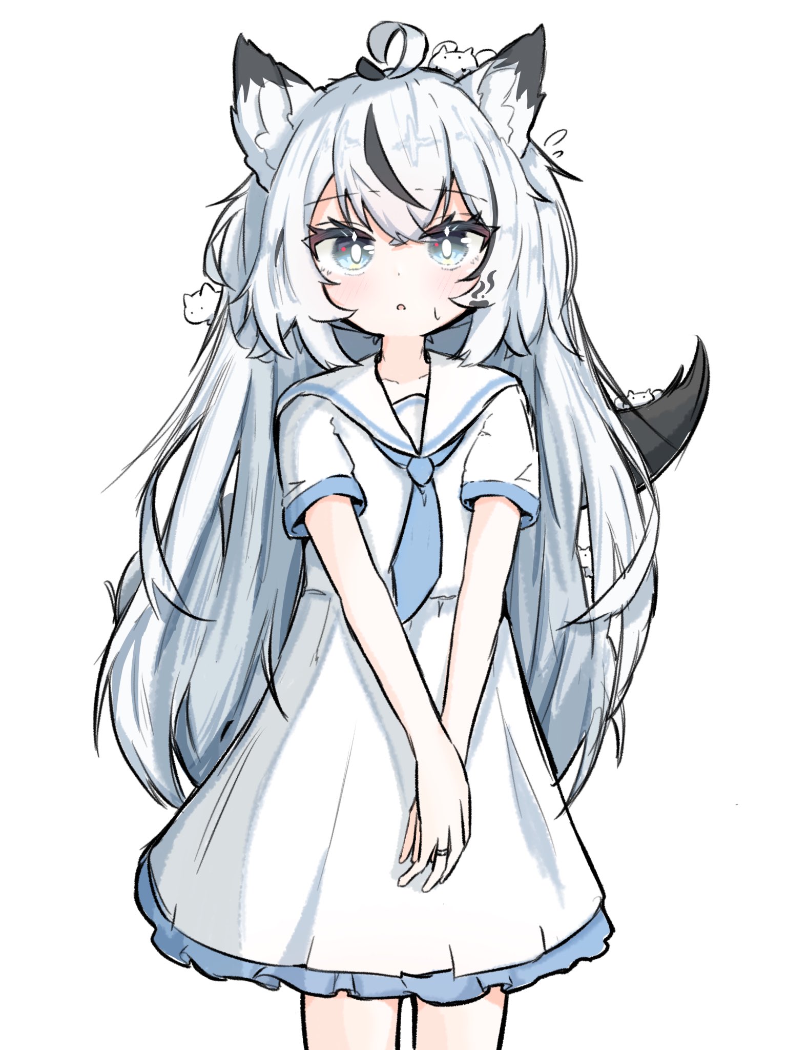 original, highres, 1girl, animal ears, black hair, blue eyes, blue necktie, dress, fox ears, fox girl, fox tail, frilled dress, frills, jewelry, long hair, looking at viewer, multicolored hair, n (nxecution), necktie, own hands together, ring, sailor collar, sailor dress, short sleeves, simple background, streaked hair, tail, v arms, white background, white dress, white hair