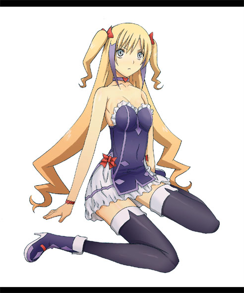 fujii toshiaki, jacqueline baumgold, dragonaut, 00s, 1girl, blonde hair, blue eyes, boots, breasts, female focus, high heels, letterboxed, long hair, multicolored hair, ribbon, shoes, small breasts, solo, thighhighs, twintails, two-tone hair, zettai ryouiki