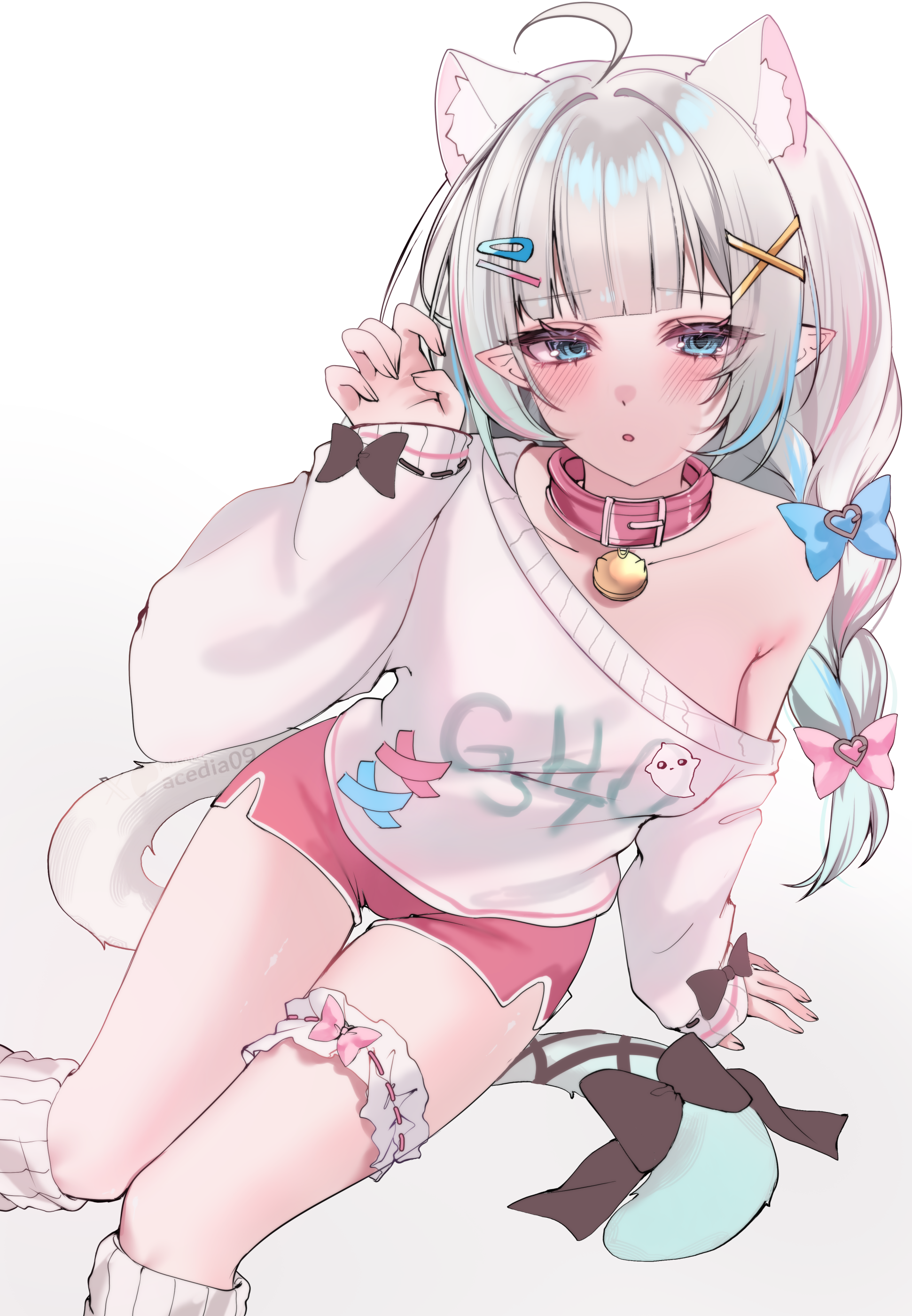 acedia, mint fantome, mint fantome (otaku), indie virtual youtuber, absurdres, highres, 1girl, ahoge, animal ears, bell, black bow, blue bow, blue eyes, blue hair, blunt bangs, blush, bow, braid, cat ears, cat girl, cat tail, claw pose, collar, dolphin shorts, extra ears, frilled thigh strap, hair bow, hair ornament, hairclip, hand on ground, knees together feet apart, long hair, loose socks, low twin braids, multicolored hair, neck bell, off-shoulder sweater, off shoulder, pink bow, pink collar, pink hair, pink shorts, pointy ears, shorts, sitting, socks, solo, sweater, tail, tail bow, tail ornament, thigh strap, twin braids, virtual youtuber, white hair, x hair ornament