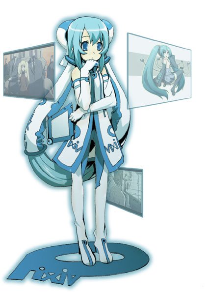fujii toshiaki, pixiv-tan, pixiv, bad id, bad pixiv id, blue hair, elbow gloves, gloves, high heels, shoes, solo