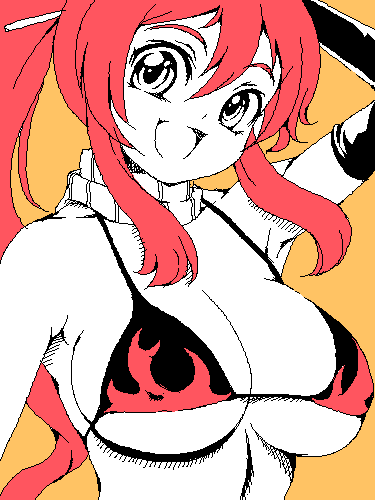 kasanui, yoko littner, tengen toppa gurren lagann, lowres, 00s, 1girl, bikini, bikini top only, breasts, cleavage, colored skin, elbow gloves, female focus, gloves, huge breasts, long hair, oekaki, ponytail, red hair, scarf, smile, solo, striped clothes, striped scarf, swimsuit, white skin