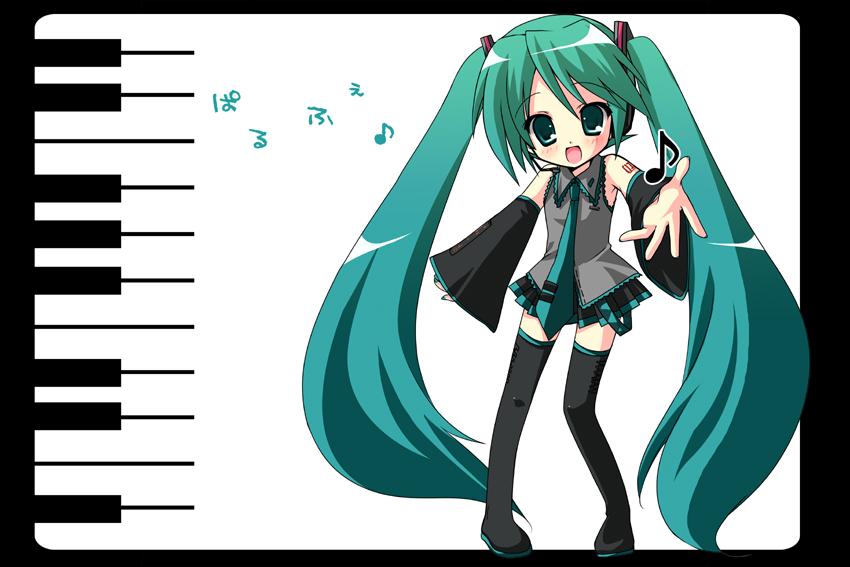hayashi sakura, hatsune miku, vocaloid, 1girl, aqua hair, female focus, long hair, solo, thighhighs, twintails, very long hair