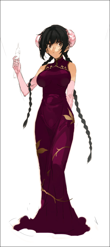 morii shizuki, wang liu mei, gundam, gundam 00, 00s, 1girl, black hair, braid, breasts, brown eyes, bun cover, china dress, chinese clothes, dress, elbow gloves, female focus, gloves, simple background, smile, solo, twin braids