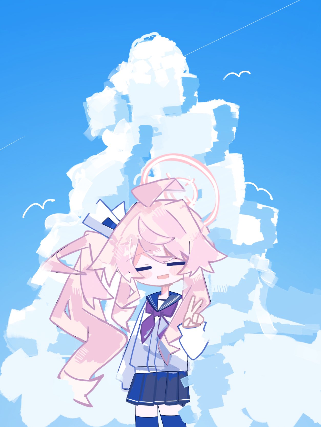 gugyuguba, natsu (blue archive), blue archive, highres, 1girl, ahoge, bird, black thighhighs, blue sailor collar, blue skirt, blue sky, closed eyes, cloud, cowboy shot, halo, long hair, long sidelocks, long sleeves, neckerchief, outdoors, pink hair, pink halo, pleated skirt, red neckerchief, sailor collar, school uniform, serafuku, shirt, side ponytail, sidelocks, skirt, sky, sleeves past wrists, solo, standing, thighhighs, v, white bird, white shirt