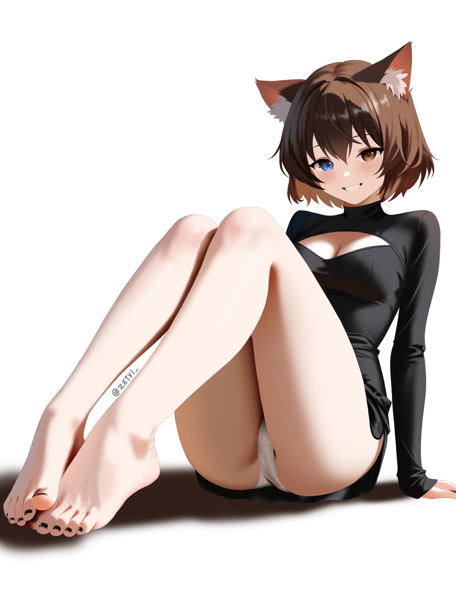 zetyi, yuricom, indie virtual youtuber, 1girl, animal ears, arm support, artist name, bare legs, barefoot, black nails, black shirt, blue eyes, blush, breasts, brown eyes, brown hair, cat ears, cat girl, cleavage, cleavage cutout, clothing cutout, dot nose, eyelashes, female focus, foot focus, full body, grin, heterochromia, knees up, legs together, looking at viewer, medium breasts, medium hair, nail polish, panties, pantyshot, shirt, simple background, sleeves past wrists, smile, solo, teeth, toenail polish, toenails, toes, underwear, virtual youtuber, white background, white panties