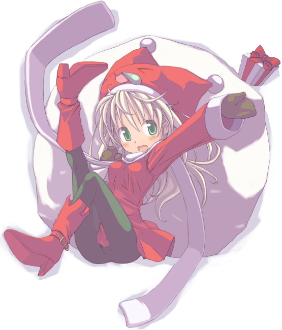 kuro (kuroneko no kanzume), original, 1girl, christmas, female focus, gift, green eyes, pantyhose, santa costume, solo, white hair