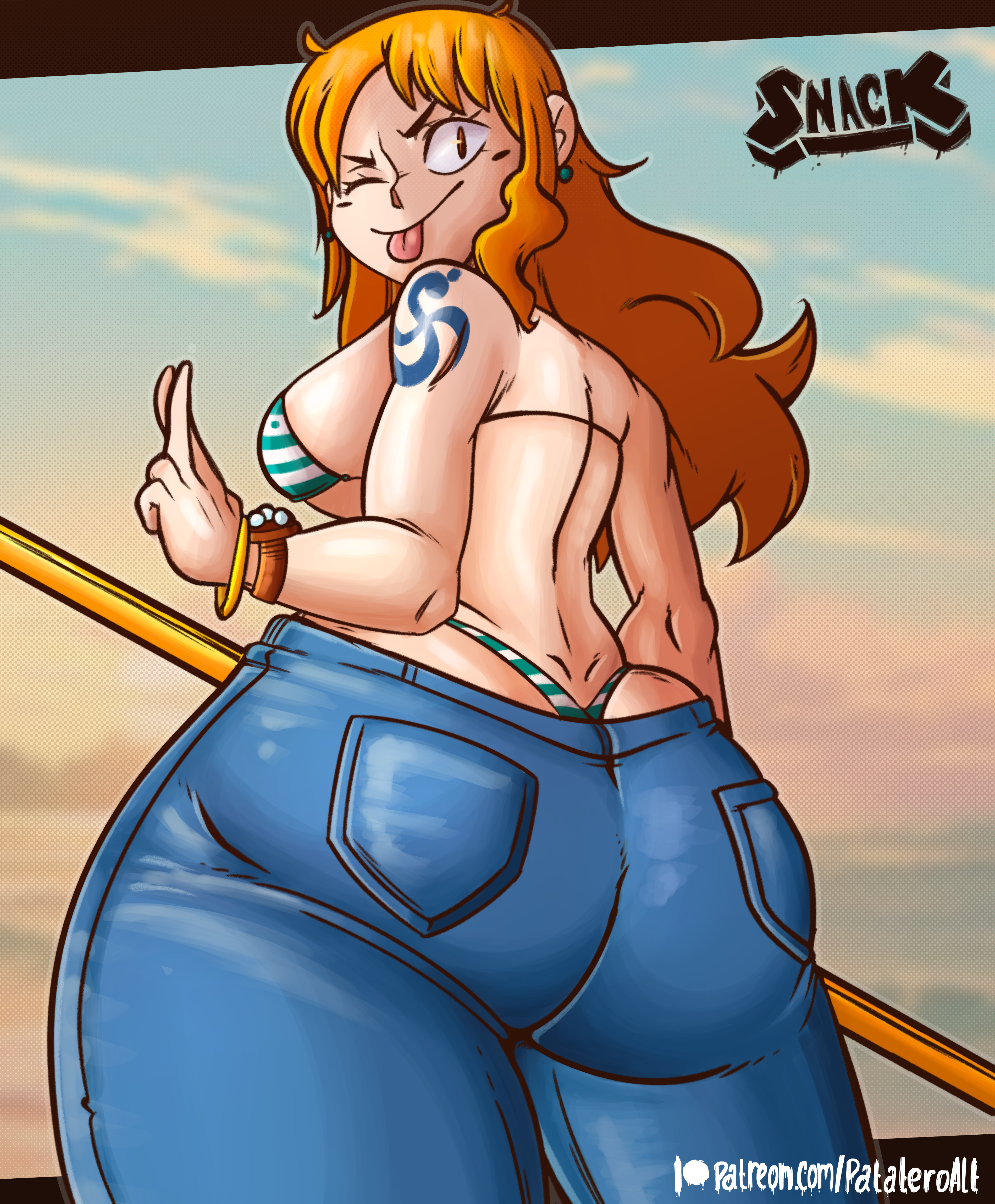 patateroart, nami (one piece), nami (one piece) (return to sabaody), one piece, ;), ;p, ass, bikini, bikini under clothes, bracelet, breasts, clima-tact, denim, huge ass, jeans, jewelry, large breasts, log pose, long hair, looking at viewer, looking back, one eye closed, orange hair, pants, patreon username, shoulder tattoo, smile, staff, swimsuit, tattoo, thick thighs, thighs, thong, tongue, tongue out, wink